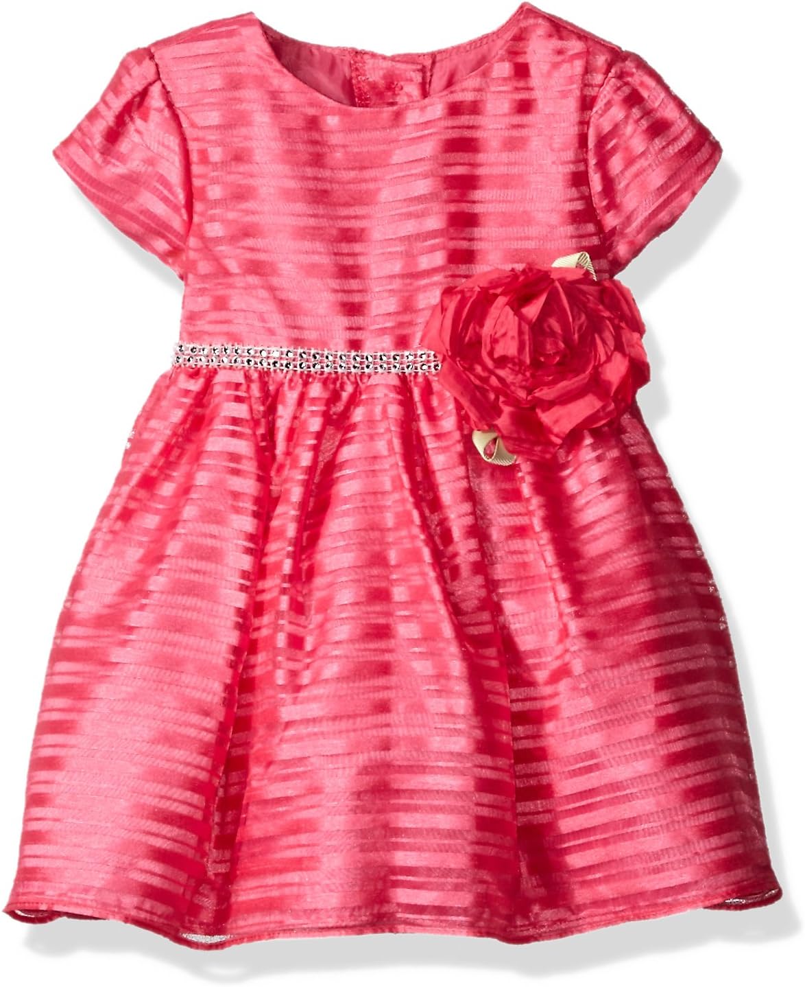 Baby Girls' Organza Stripe Special Occasion Dress with Rhinestone Waist and Flower Detail