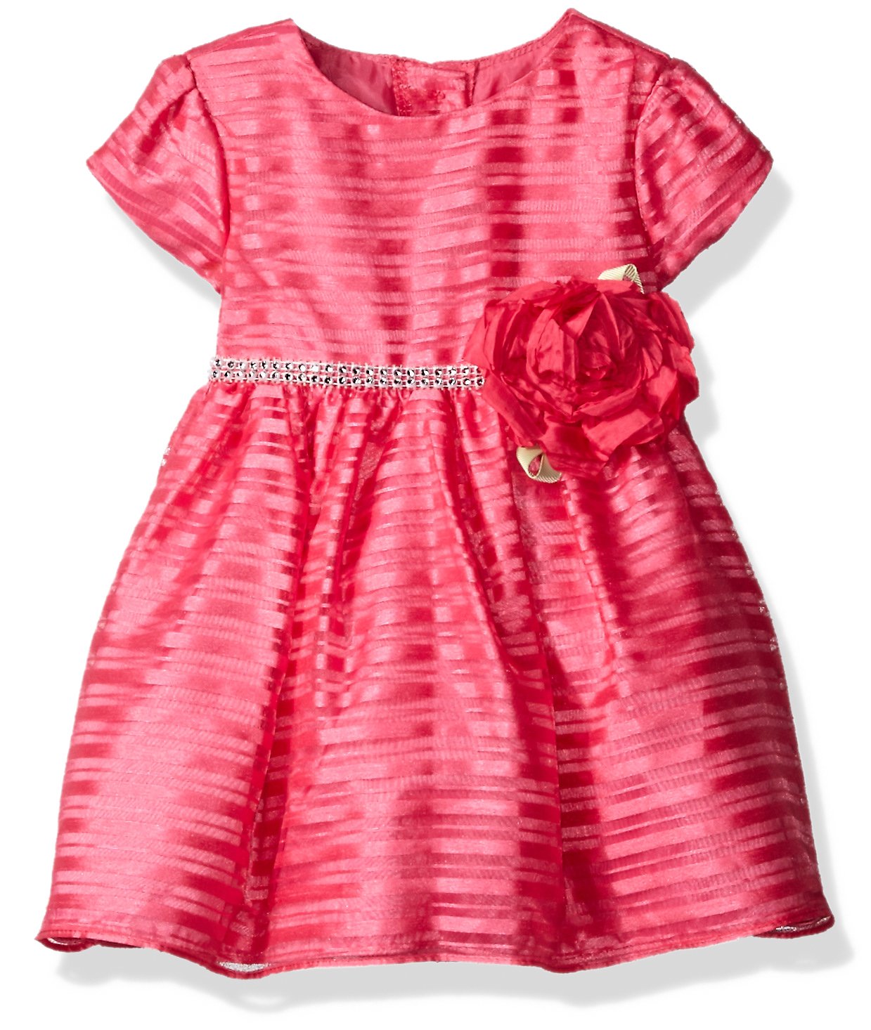 Baby Girls' Organza Stripe Special Occasion Dress with Rhinestone Waist and Flower Detail