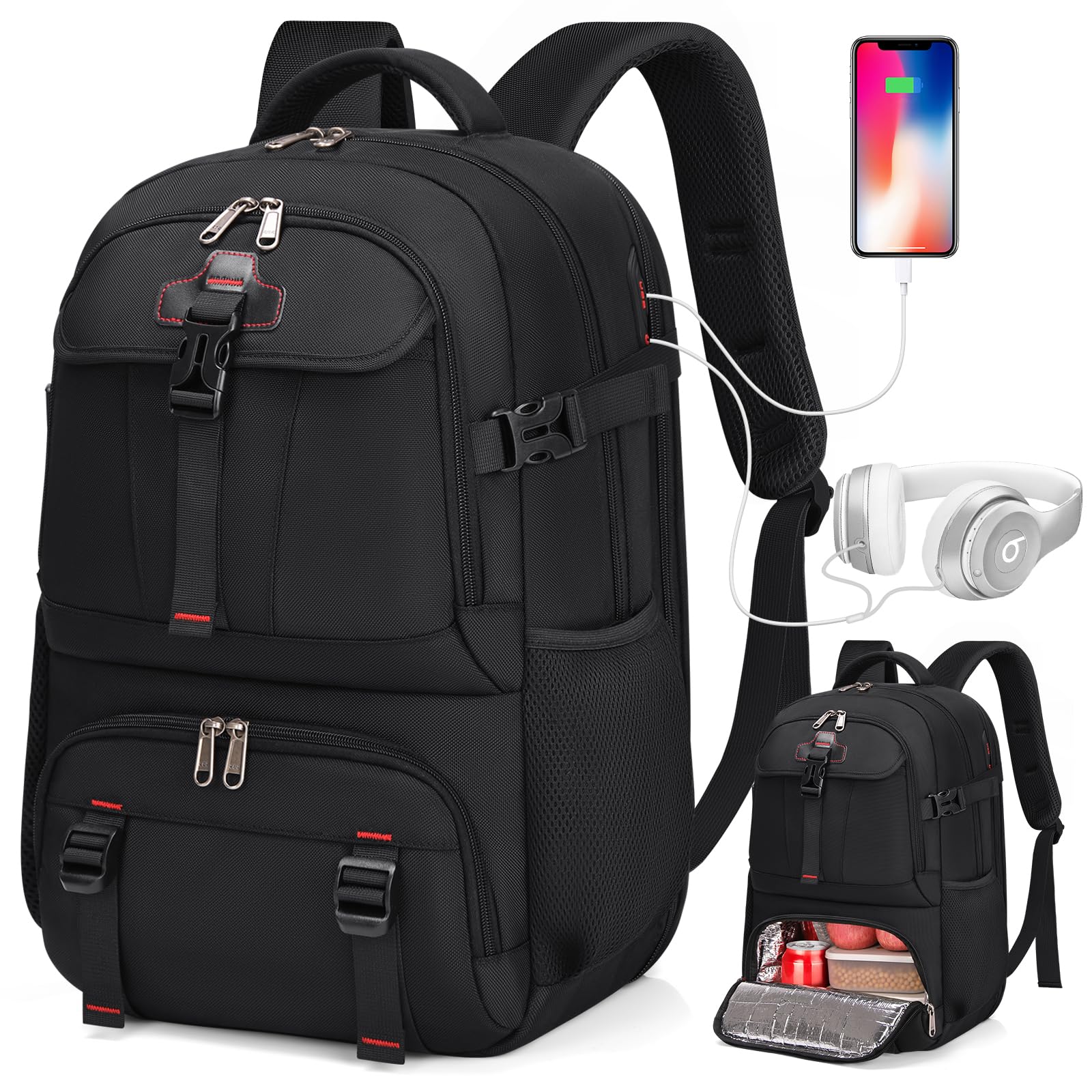 RAINSMORE Lunch Backpack 17.3 Inch Laptop Backpack for Men Women Waterproof Work Backpack with USB Charging Port for School Travel Business Black