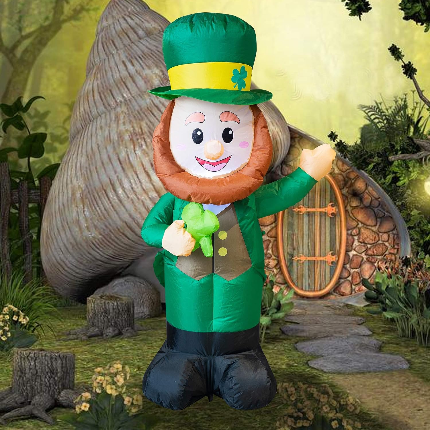 FUNPENY 4 Feet Inflatable St Patrick's Day Decoration, Blow Up Leprechaun with Green Hat and Lucky Clover in Hand for Indoor Outdoor Lawn Yard