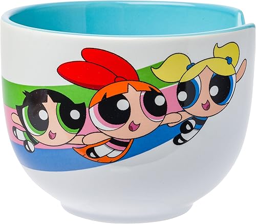 Silver Buffalo The Powerpuff Girls Girl Power With Blossom, Bubbles, and Buttercup - Tazón de arroz de cerámica con palillos, apto para microondas,