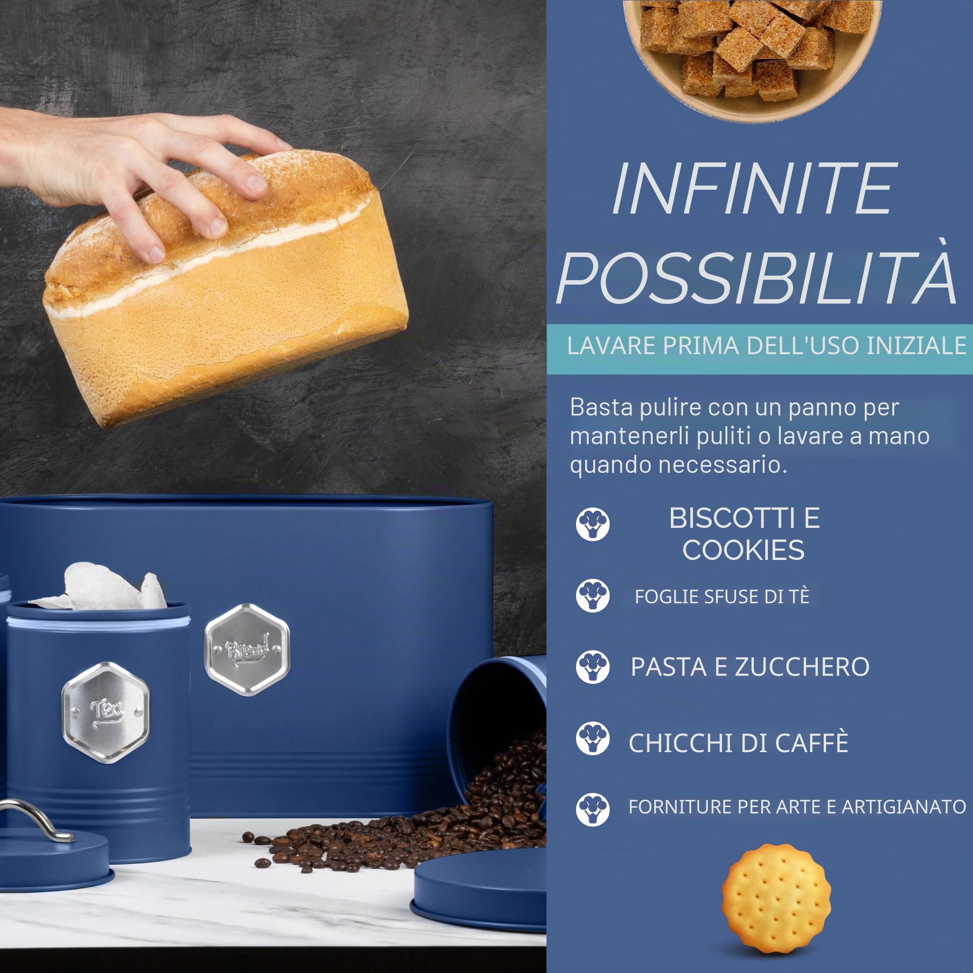 HEFTMAN Set di 5 contenitori da cucina blu, eleganti contenitori da cucina per pane, biscotti, zucchero, caffè, tè, set ermetici con etichetta, accessori da cucina blu (5 pezzi)