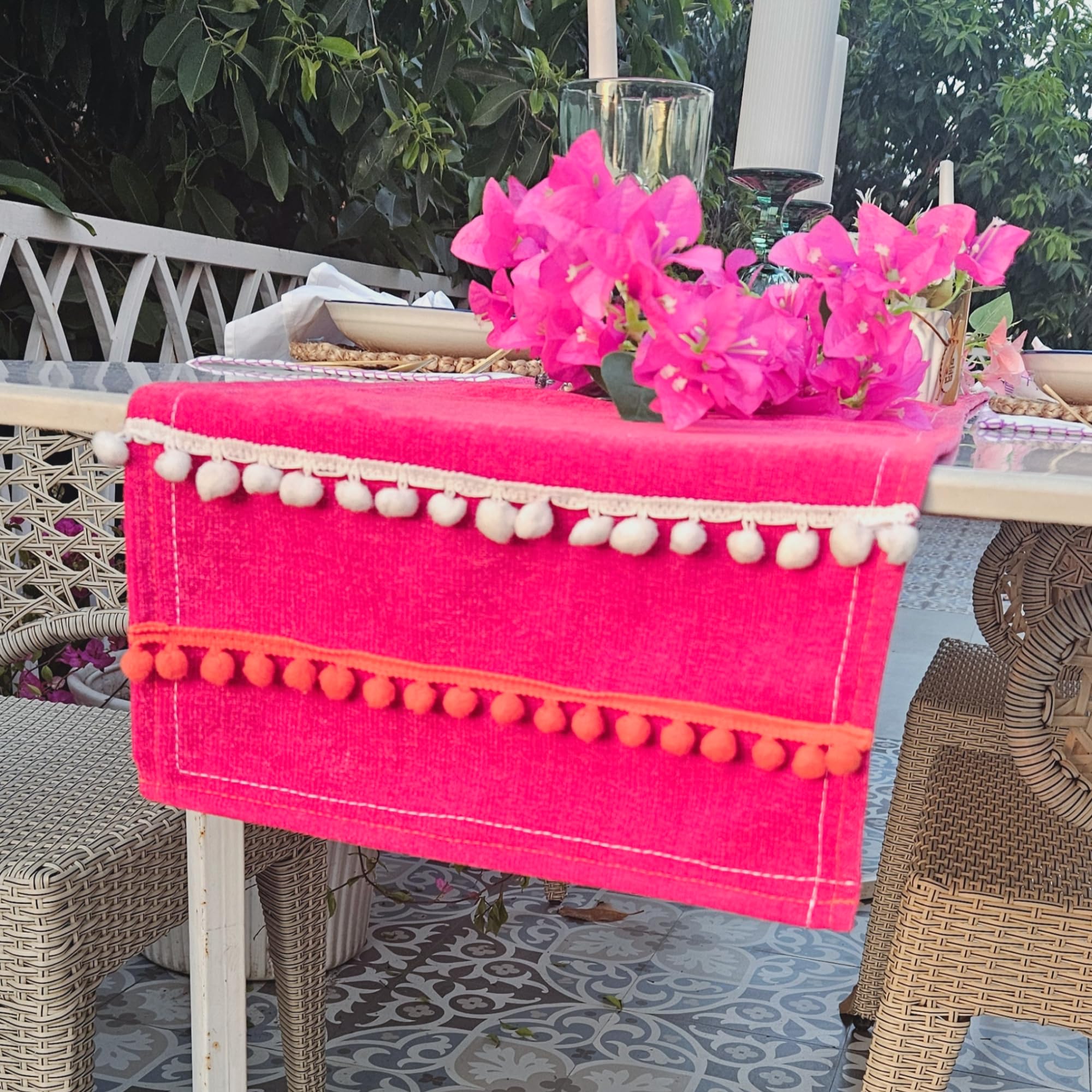 WWW.THROWPILLOW.IN Pink Solid Table Runner with Pom Pom Polyester Fabric for Dining Living Room Bedroom Decor Thick Durable Decorative Runner (12x48 Inches Long, Pink) 3