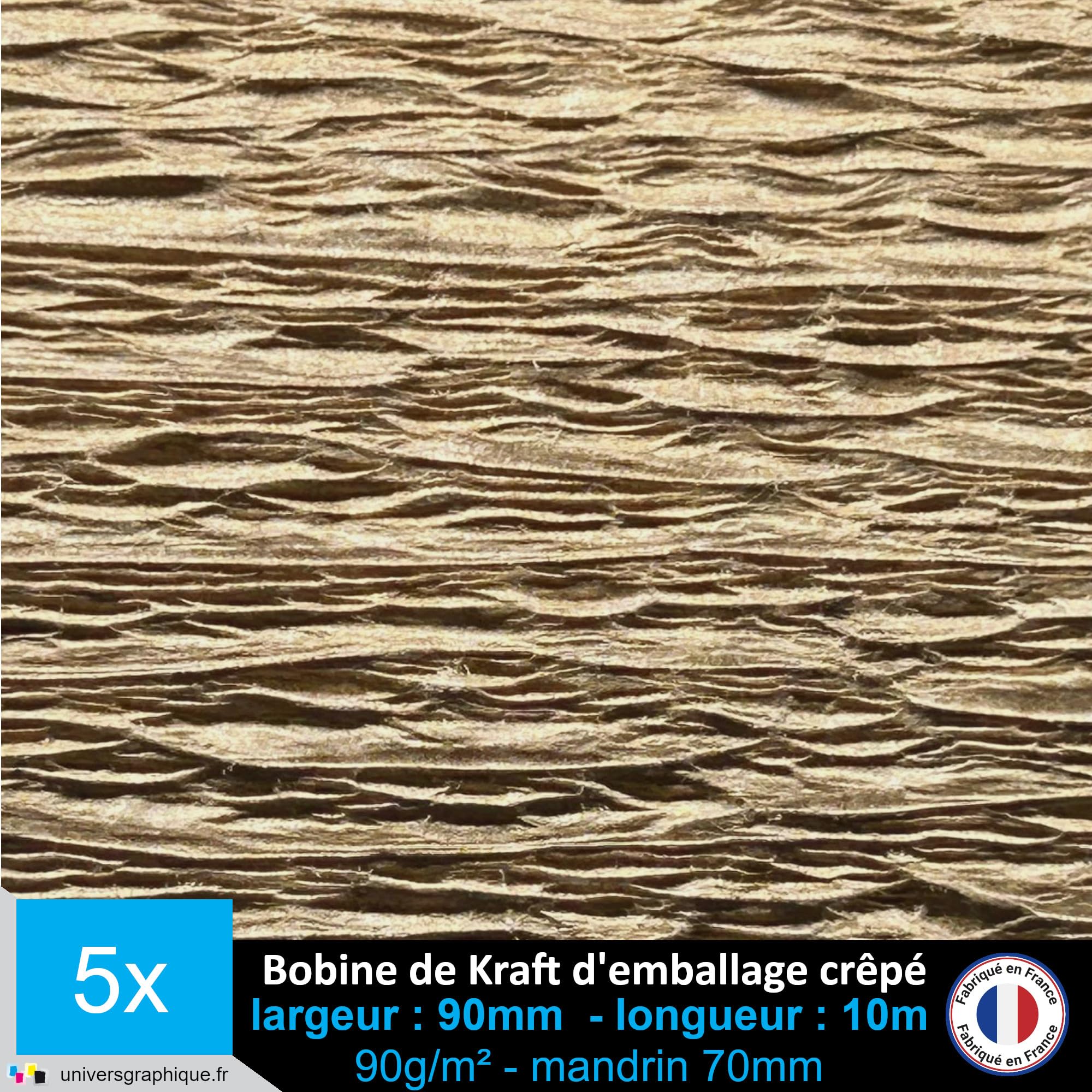 Papier Kraft d'emballage Crêpé 90 g/m² 90 mm bobine de 10m pour conditionnement et protection d’expédition (lot de 5)