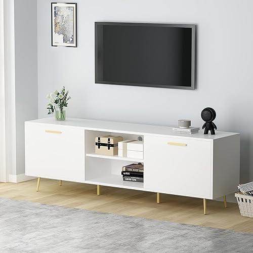 Miniatura 2 de ECACAD Moderno soporte de TV para televisores de hasta 75 pulgadas, mesa consola central de entretenimiento con 2 puertas, 2 estantes abiertos y