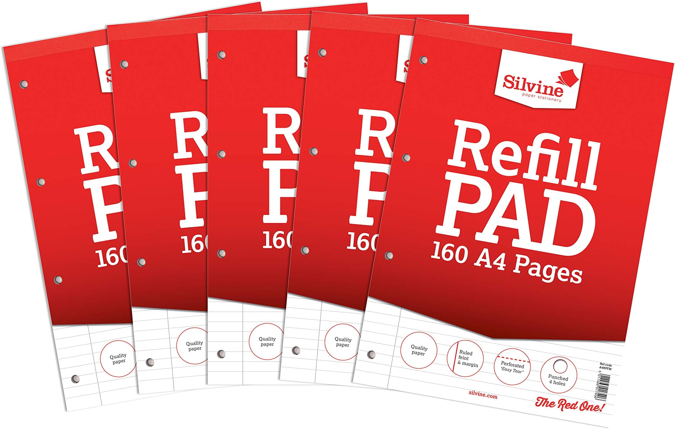 Silvine 160 Page A4 Refill Pad, Head Bound and Punched 4 Holes. Ruled 8mm Feint with Margin [Pack of 5], White