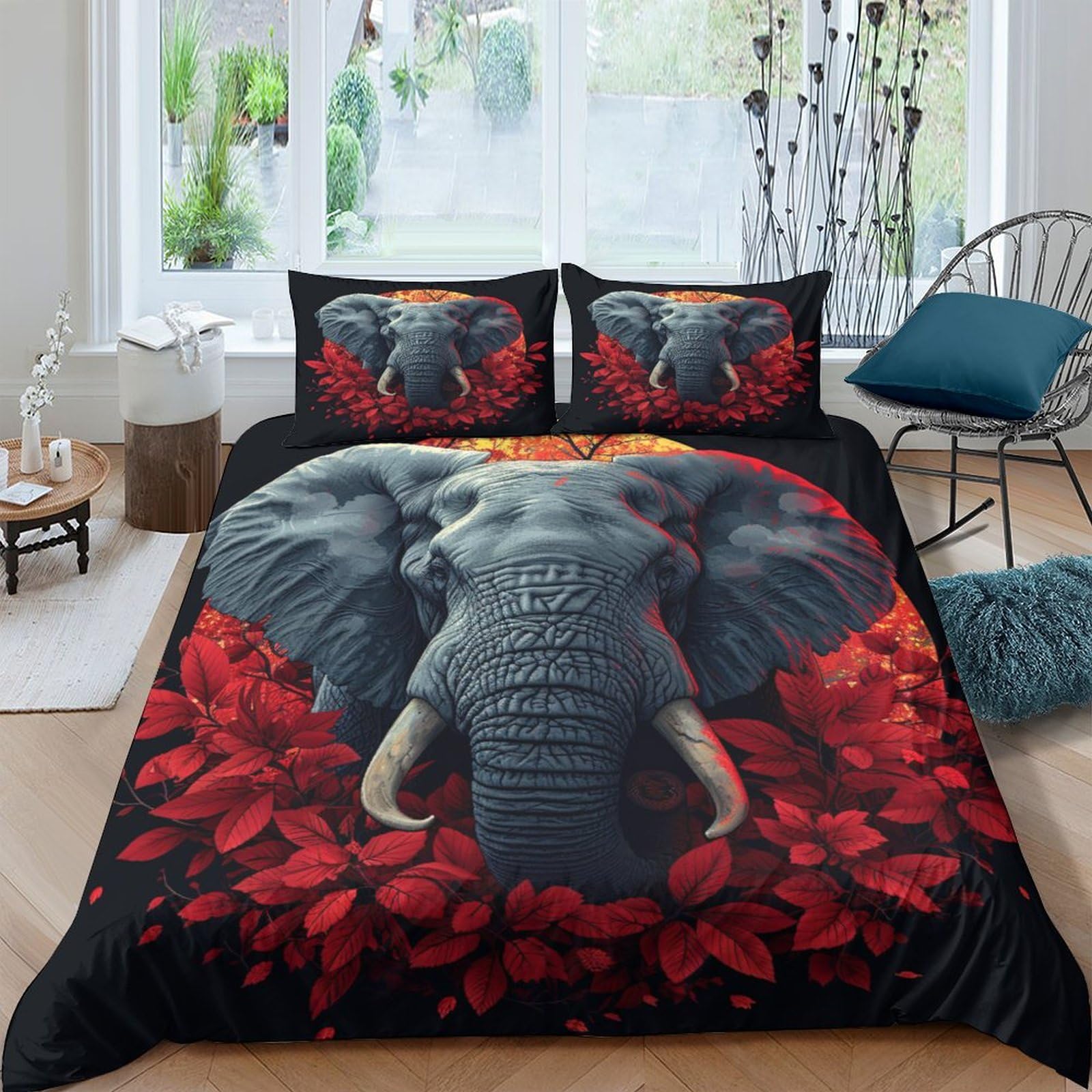3D Printed Elephant Duvet Cover Sets Bedding Quilt Covers Zipper Closure Comforter Cover Microfibre Duvet Cover 3 Pieces Duvet Cover Set for Teens And Adults Quilt Cover Set Double（200x200cm）