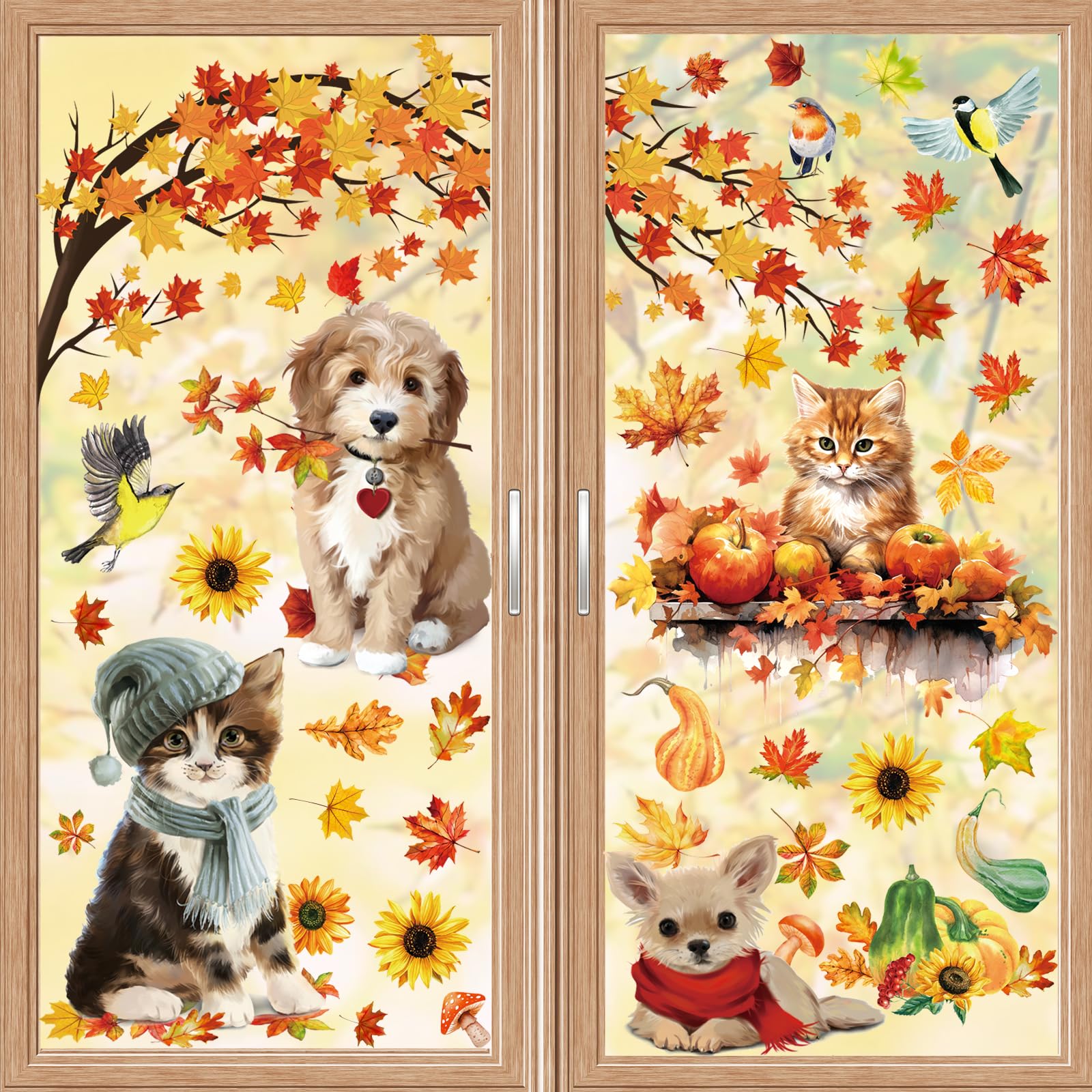BBLIKE Otoño Decoración Otoño Ventana Cuadros – 9 unidades gatito cachorro Acción de Gracias Adhesivo Ventana Pegatinas Autoadhesivas Acción de Gracias Otoño Hojas de Arce Ventana Pegatinas para