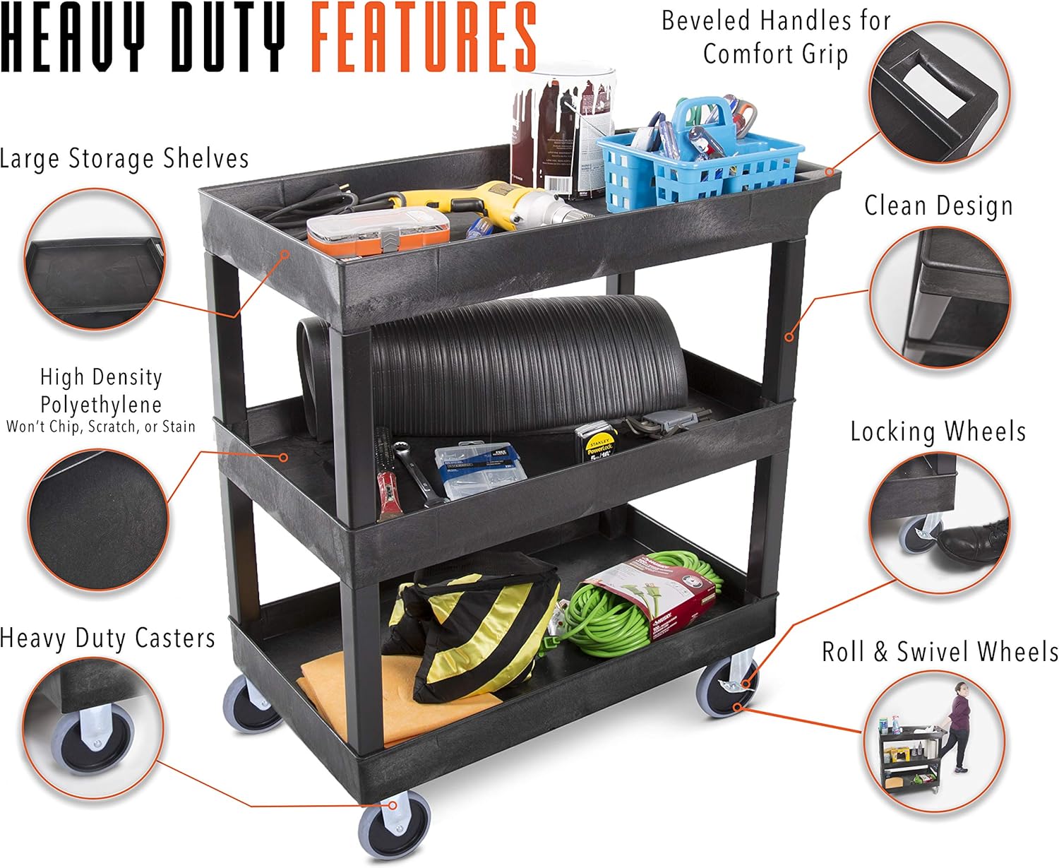 Original Tubstr Heavy Duty 32 x 18 inches - Shelf Utility Cart/Service Cart - Supports up to 500 lbs - Tub Carts & Deep Shelves (3 Shelf) : Office Products