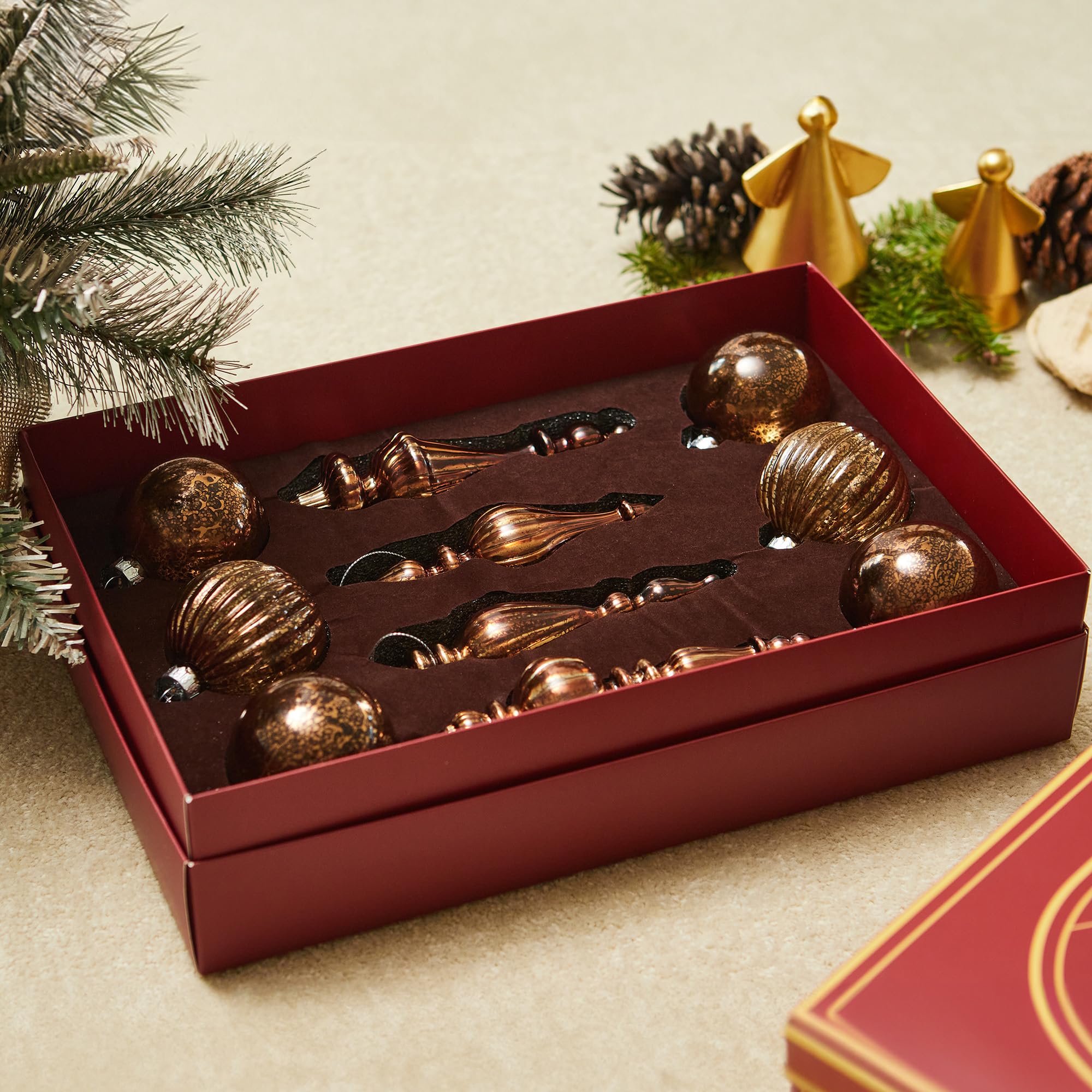 DN DECONATION Quecksilber-Glas-Weihnachtsschmuck, 10 Stück, Vintage-Stil | braune Glaskugeln zum Aufhängen, Endstücke mit verschiedenen Formen für Weihnachtsbaumdekoration, luxuriöse Weihnachtskugeln