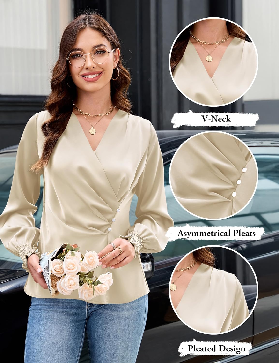 Blooming Jelly Womens Business Casual Blouses Dressy Work Tops Fall Fashion 2026 V Neck Pleated Long Sleeve Shirts - Image 4
