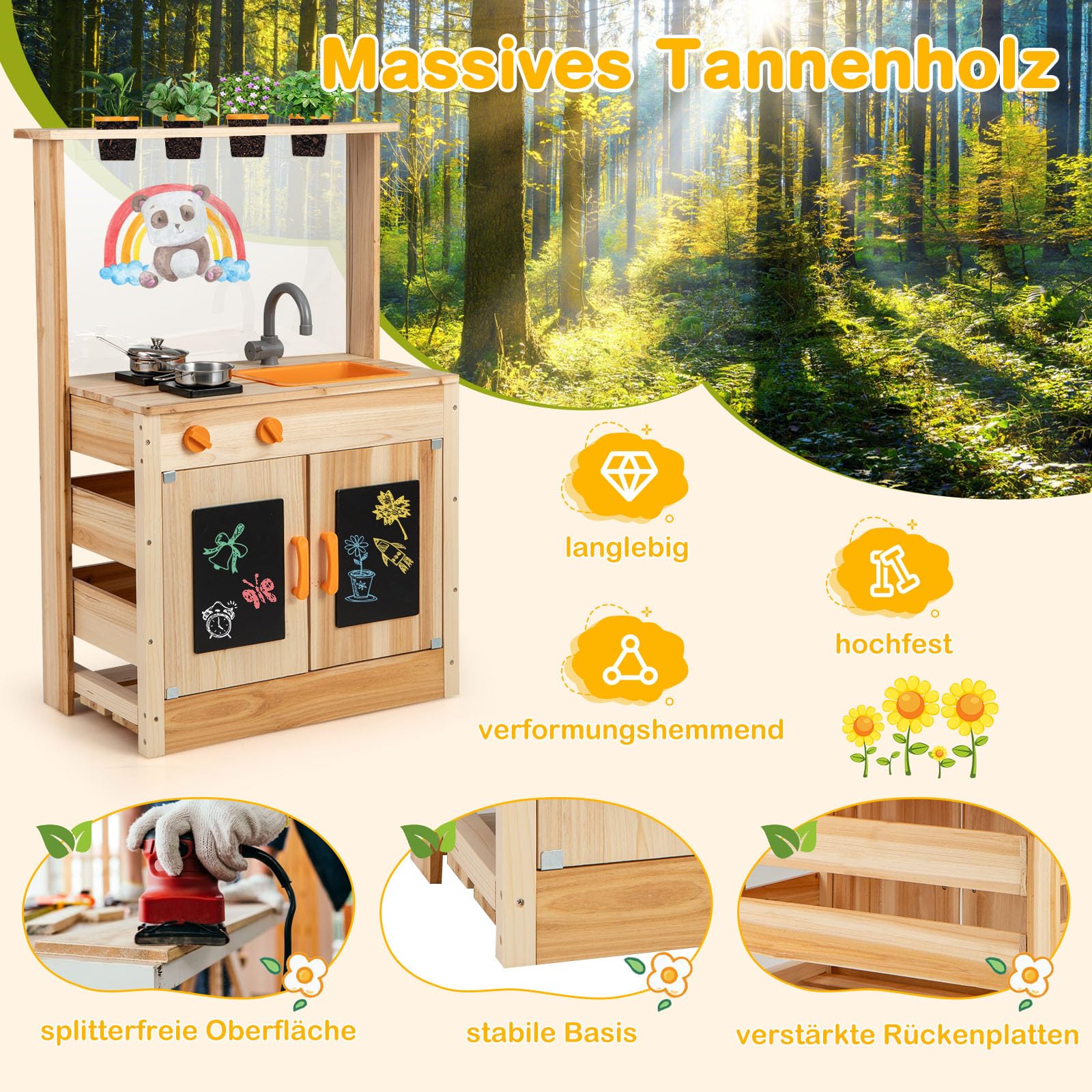 GOPLUS Matschküche Kinder, Spielküche Outdoor mit Pflanzentöpfen, Herdplatten, Abnehmbares Spülbecken, Kreidetafeln & Zubehör, Kinderküche Spielset für Garten und Hof, für Kinder ab 3 Jahren
