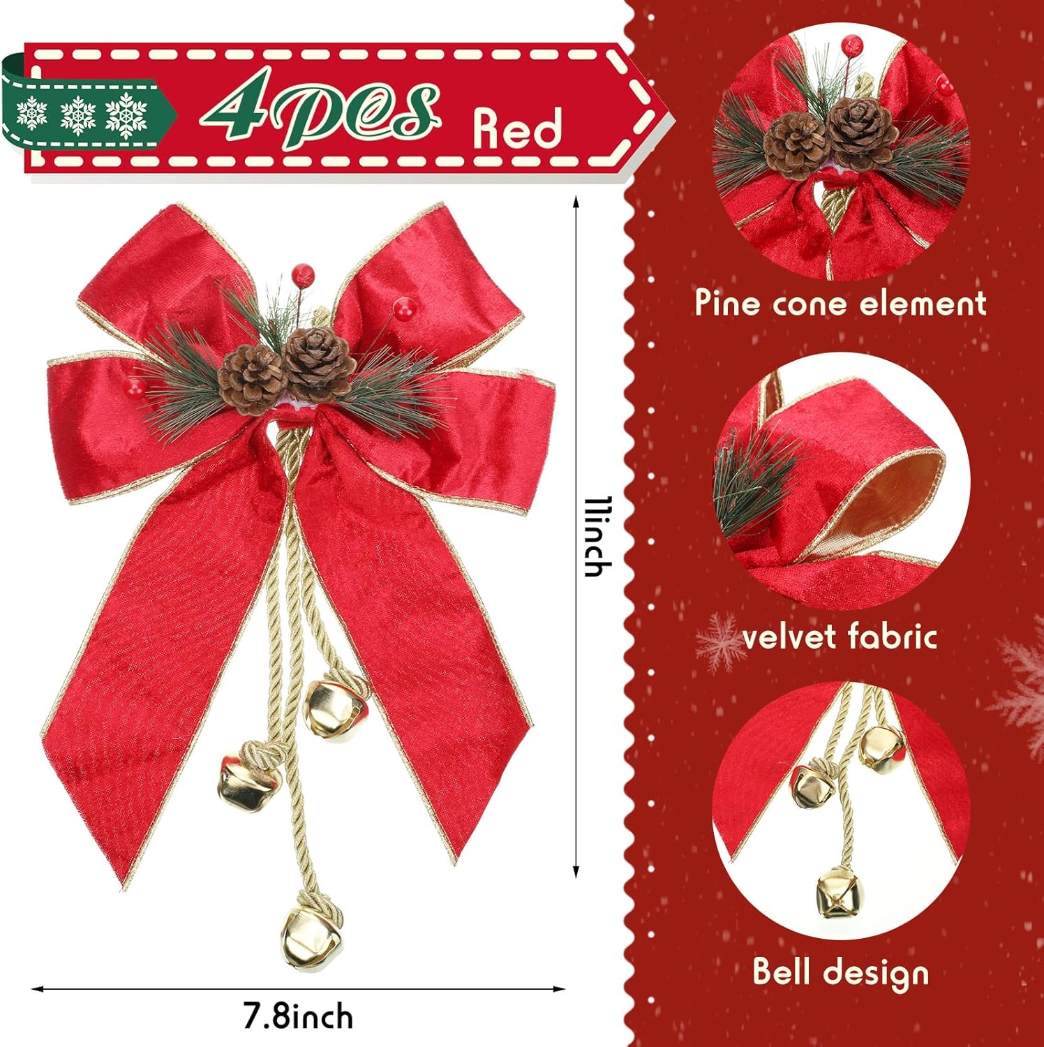 Yinkin Christmas Tree Wreath Bow Christmas Ribbon Bows with Bells 11 x 7.8 in Velvet Pine Cone Bowknot Xmas Tree Hanging Ornaments Decor for Home Xmas Party Outdoor Indoor(Red,4 Pcs)