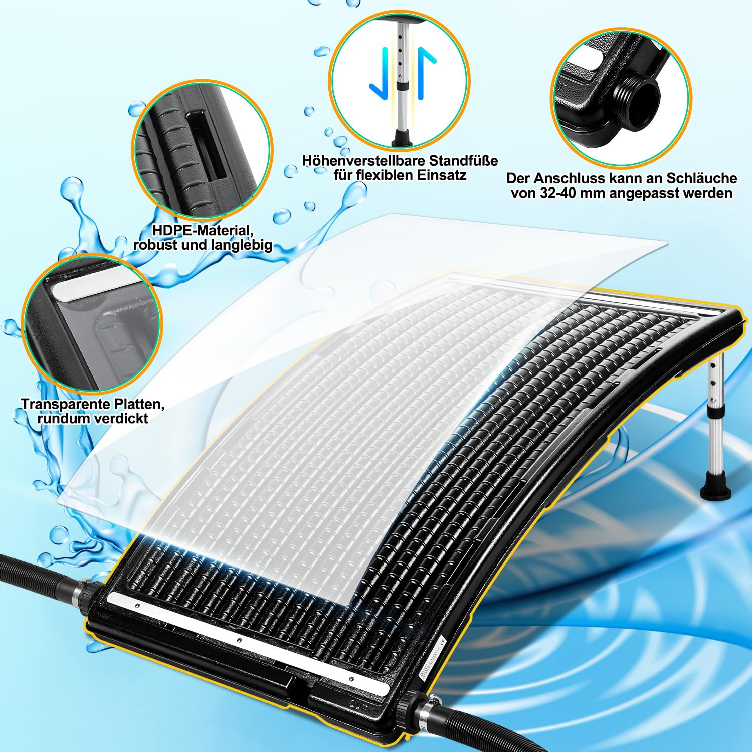 Solarheizung Pool x 1, Pool Solarheizung Solarkollektor 110 x 65 x 35cm, Höhenverstellbar Solar Poolheizer für Pools bis 10000 L/H, 32/38mm Anschluss Poolheizung Solar Heizung Wasser