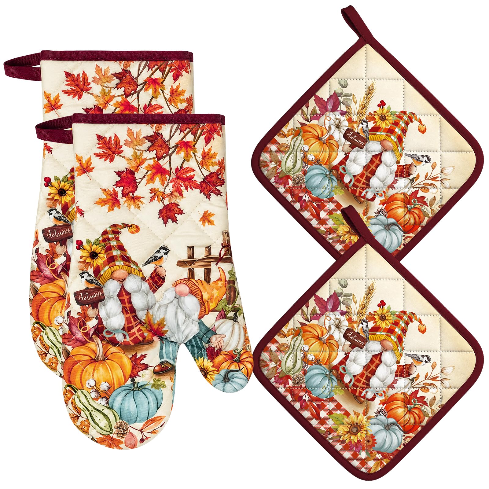 Arquiel Autumn Gnomes Oven Mitts and Pot Holders Sets, 100% Cotton, 4pcs