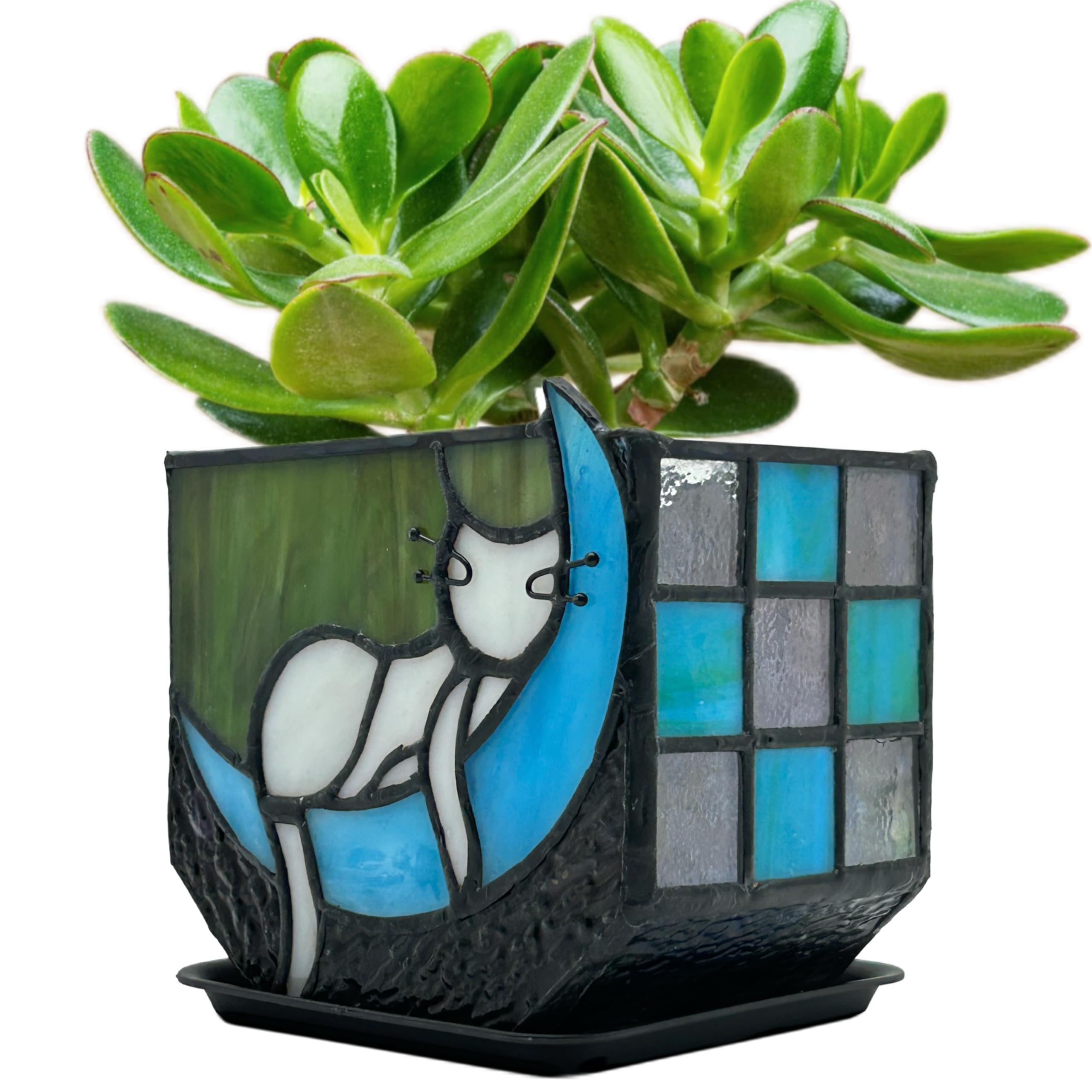 Entlityful Tiffany Stained Glass Funny Moon Sleeping Cat Planter,Flower Pots for Indoor Plants,Plant Pot with Drainage,Cute Grey Cat Plant Pots,Gifts
