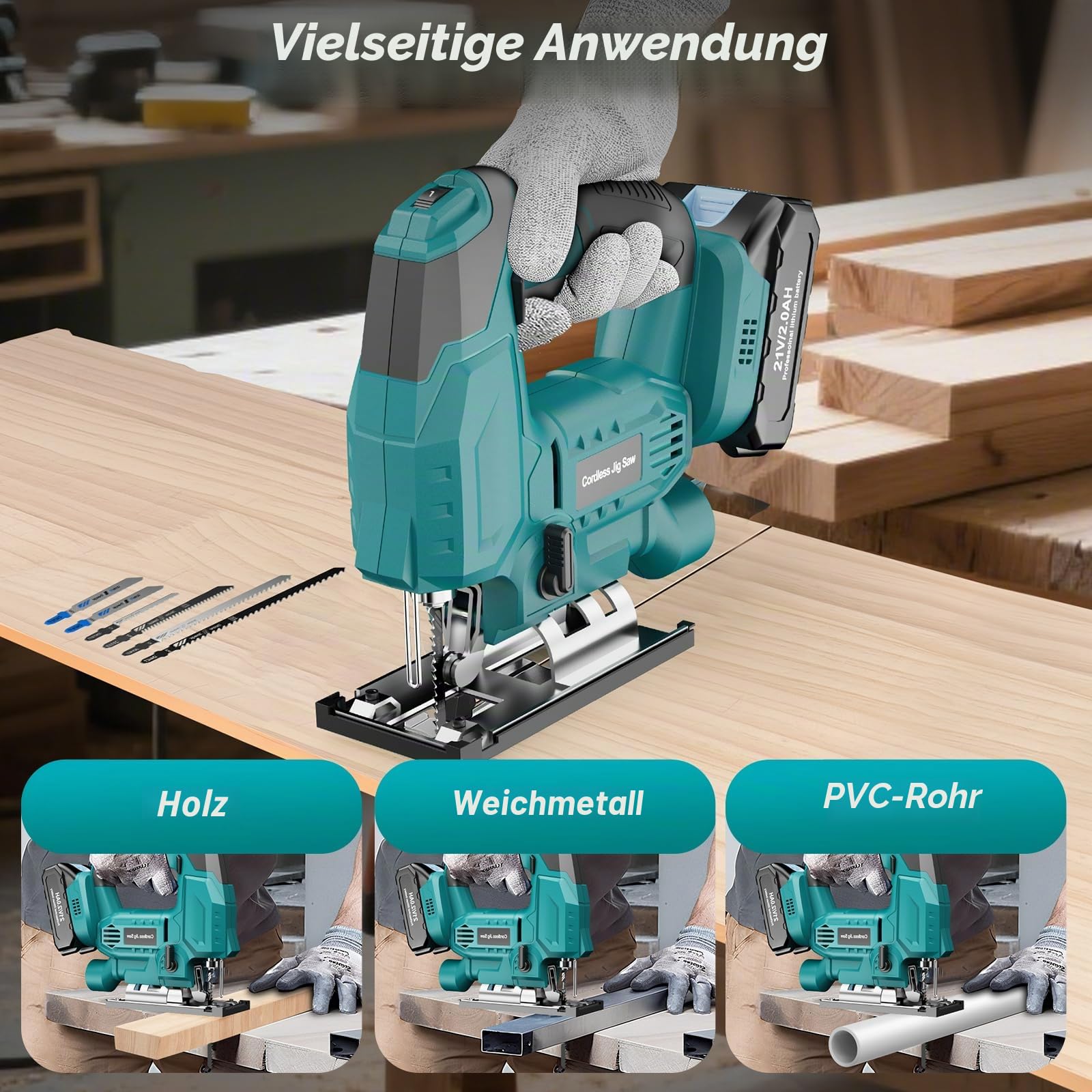 Akku Stichsäge Kompatibel mit Makita 18V Batterie, Elektro Stichsägen für ±45°Gehrungsschnitt 2900RPM mit 3 Pendelhub Einstellungen, 6 Sägeblätter für Holz/Metall/PVC, 2×2.0Ah Akkus