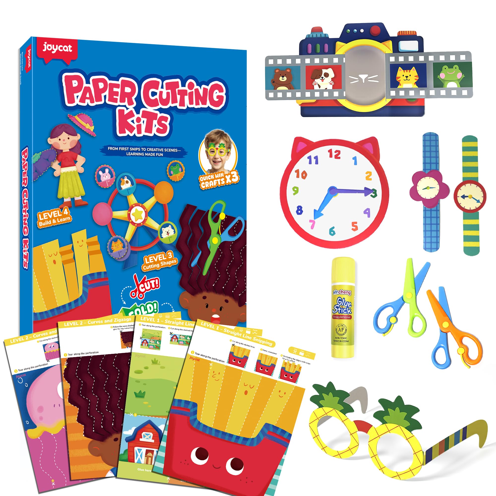 JoyCat Toddler Scissor Skills Activity Book, 4 Progressive Levels to Learn Cutting for Kids Ages 3-6, 27 Fun Crafts with Child-Safe Scissors, Fine Motor Skills, Craft Kit Birthday Gift for Boys Girls
