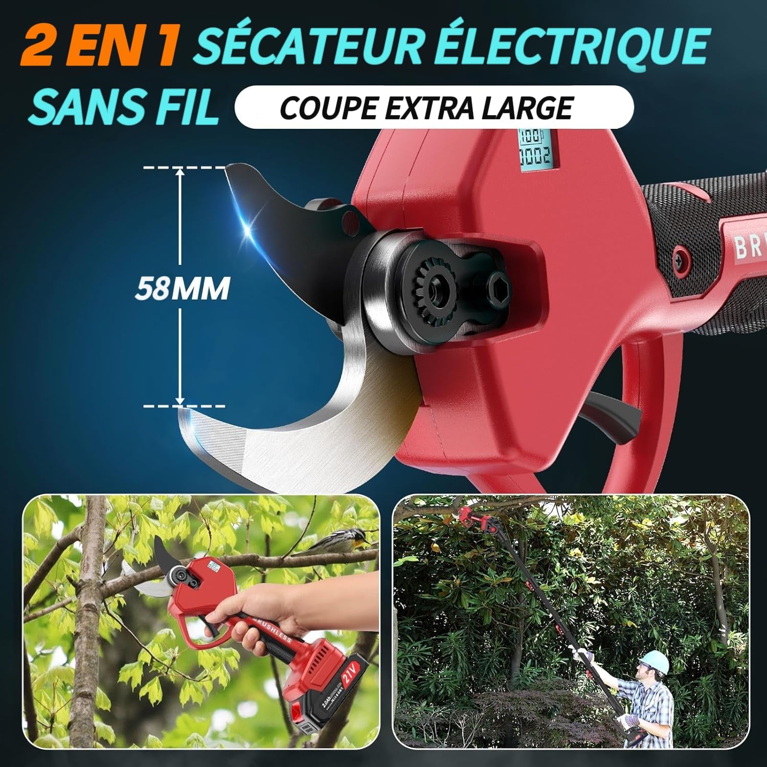 Sécateur Électrique Sans Fil avec Écran et Boîte de rangement, 50MM Secateur Electrique 2-en-1 Extensible Jusqu'à 2,3 m, Secateur Telescopique Electrique pour Jardinage, Ferme, Arbres fruitiers