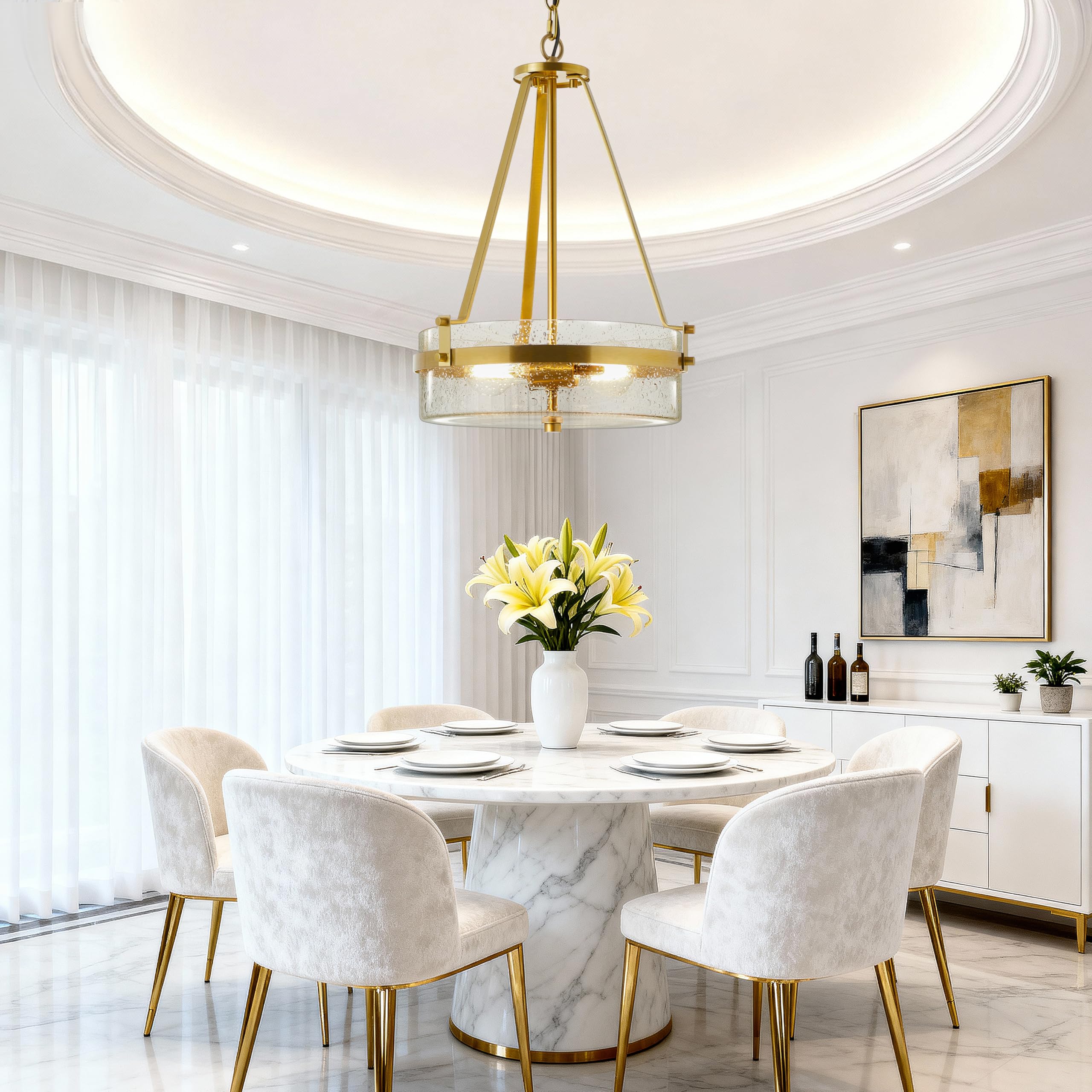 13 5 Gold Modern Chandelier Textured Glass Drum Hanging Light with Adjustable Cord Luxury Lighting for Dining Room