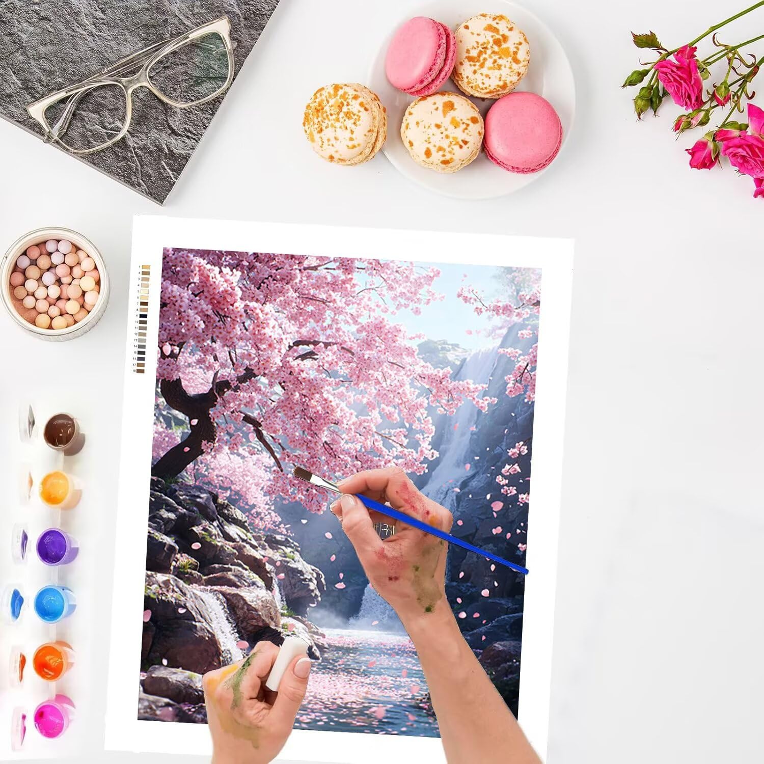Wasserfall mit Kirschblüten Malen Nach Zahlen Erwachsene, 60x80cm c-772 | Handgemalt Ölgemälde Kit für Mädchen Jungen ab 7 8 9 Jahre, Rahmenlos, für die Wanddekoration zu Hause, DIY Acrylmalerei