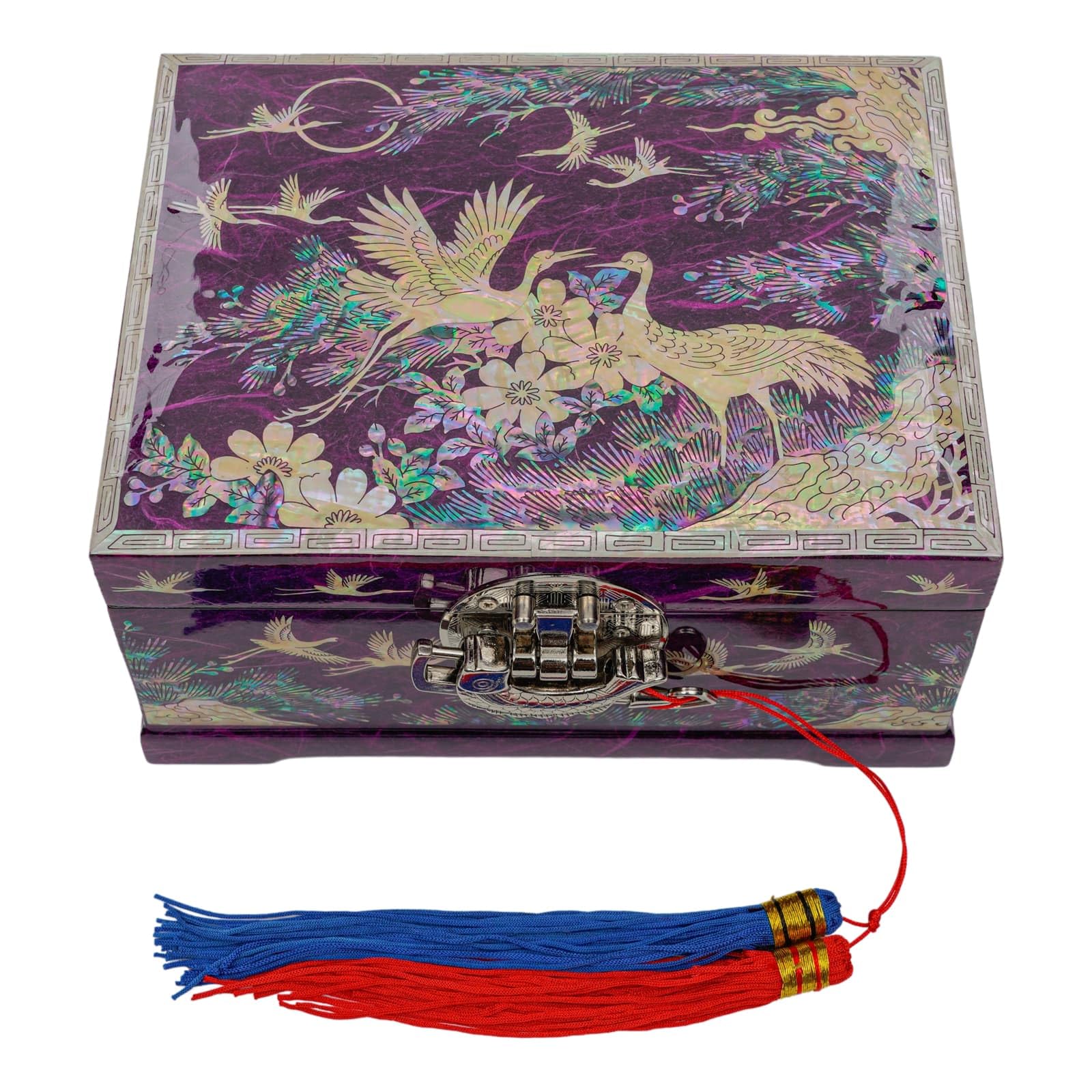 February Mountain Korean Mother of Pearl Music Jewelry Box – Handcrafted Crane & Floral Design, Plays Arirang – Unique Gifts for Mom, Sister, Wife, & Grandmother (Purple)