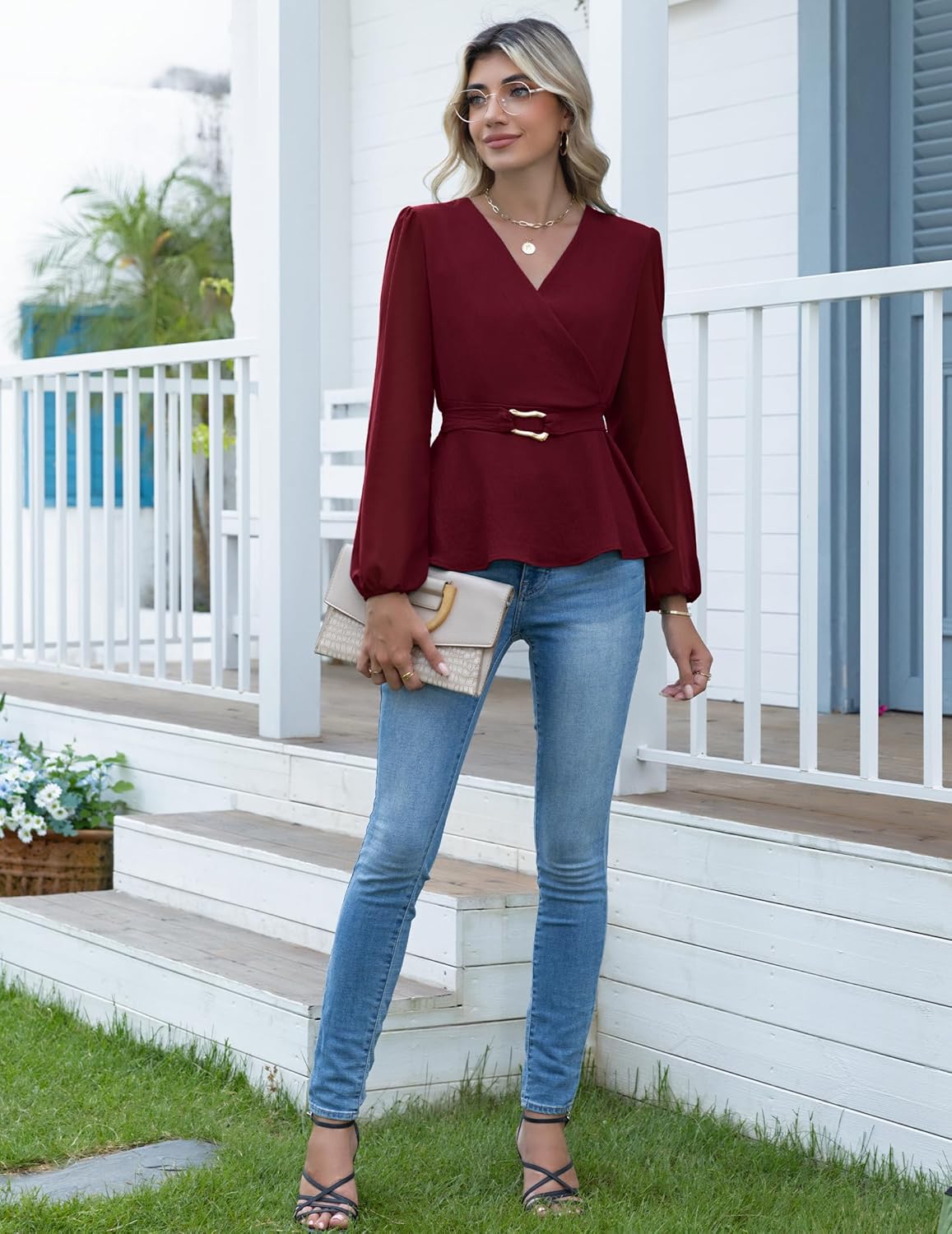 Womens Long Sleeve Blouses Dressy Casual Elegant Wrap V Neck Tops Trendy Work Shirts Fall Business Outfits - Image 7