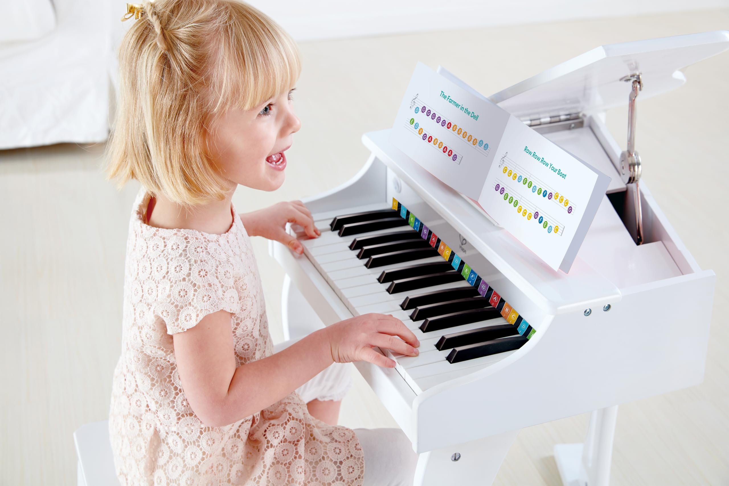 Hape Pianoforte Elettronico Bianco Deluxe con sgabello | Tastiera elettronica a 30 tasti per imparare a suonare dai 3 anni in su