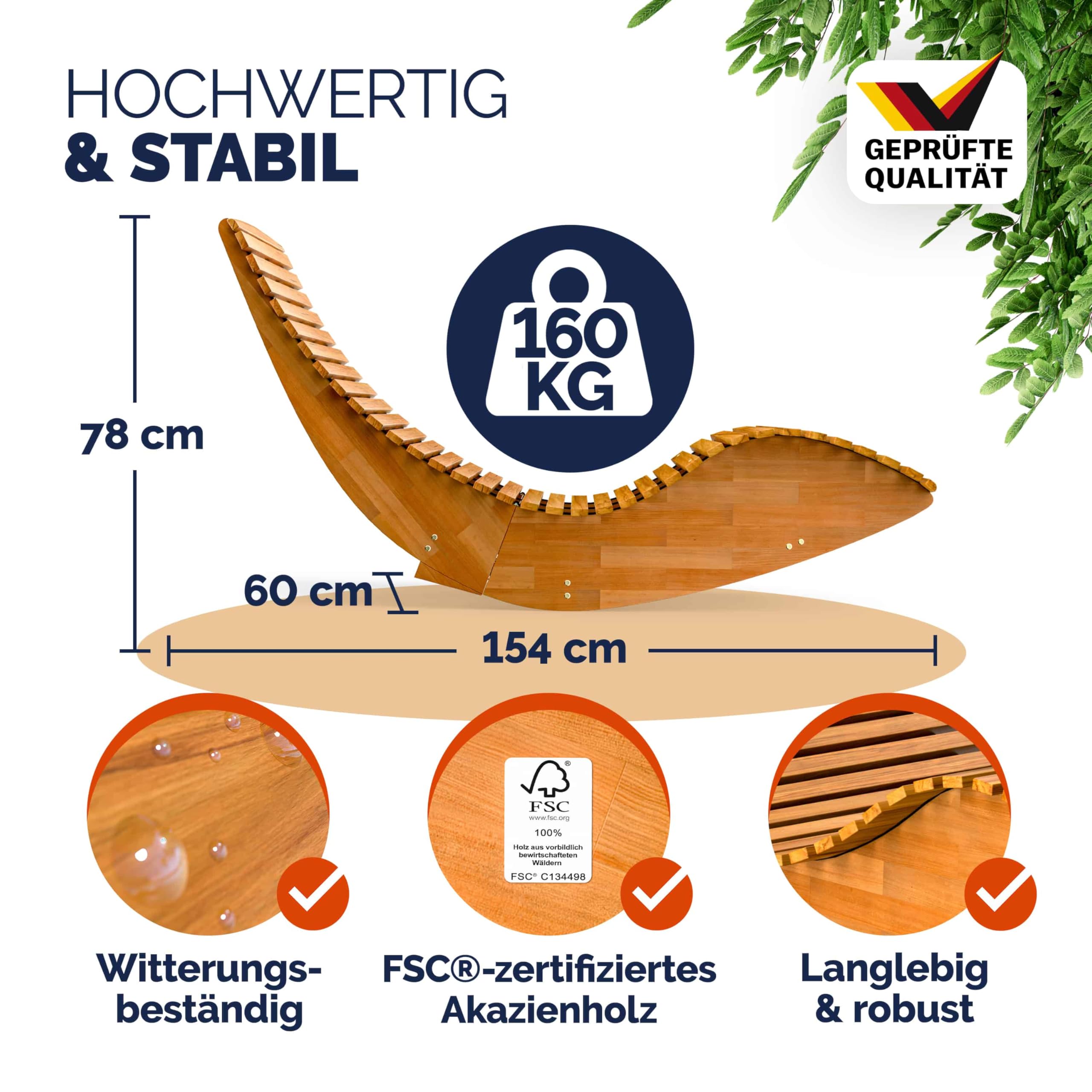 Casaria® Sonnenliege Klappbar Wetterfest Holz 160kg Belastbarkeit Pflegeleicht FSC®-Zertifiziert Akazie Garten Balkon Sauna Liege Holzliege Relaxliege 195x60cm