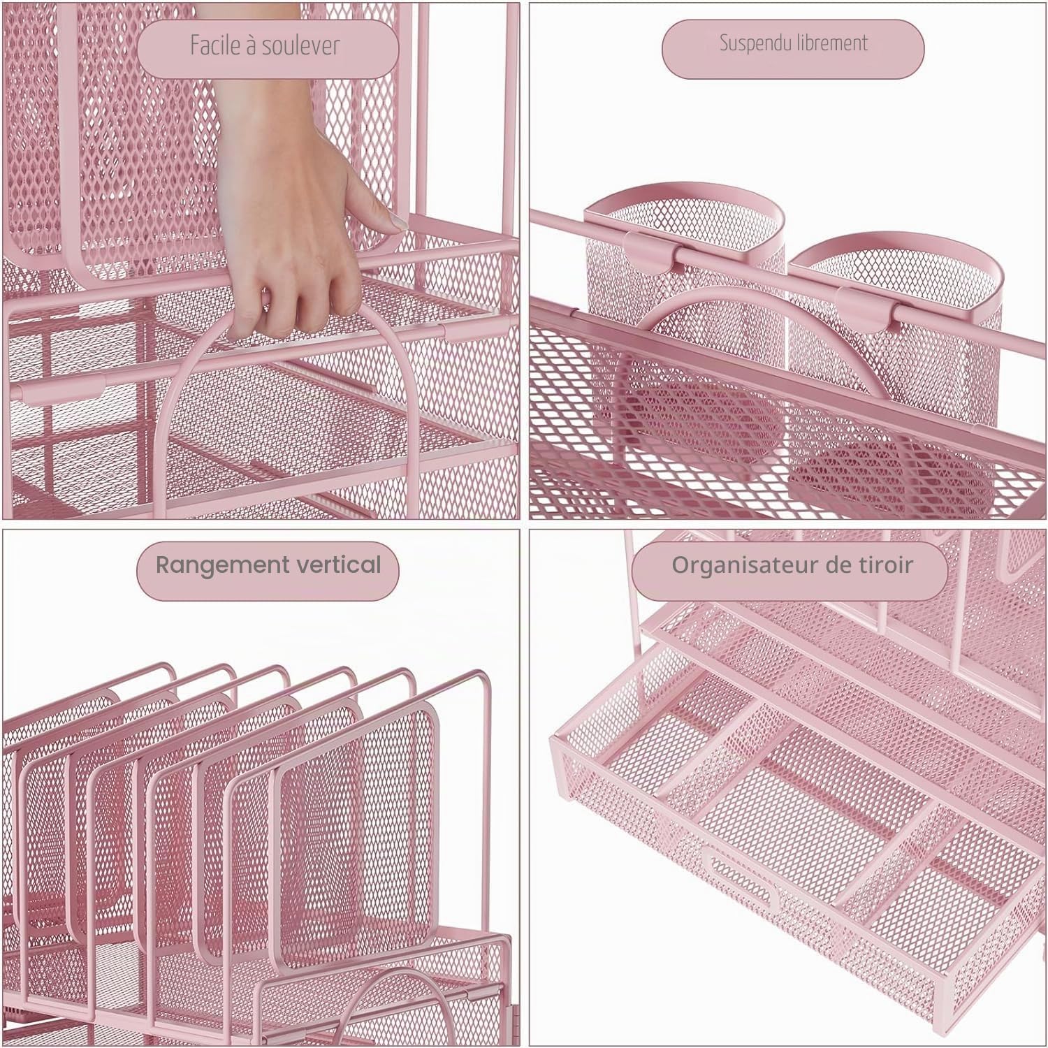 Marbrasse Organisateur de Bureau Tiroir,4 Niveaux,5 Porte Documents Verticaux,2 Porte Stylos,Organisateur Rangement Bureau Maille pour Fournitures à Dom (Rose Vertical)