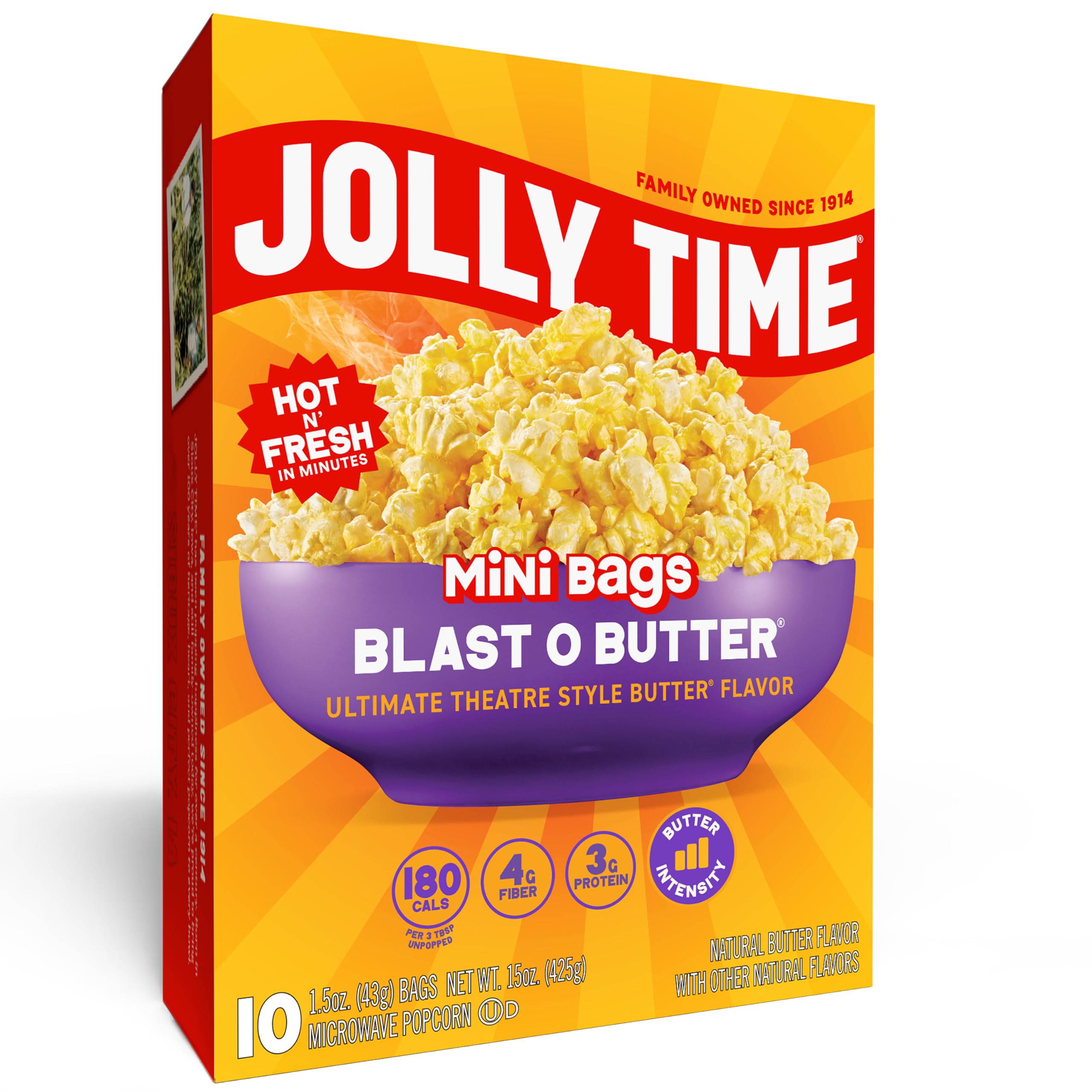 Jolly Time Blast O Butter, Ultimate Movie Theater Butter Microwave Popcorn, 1.5oz Personal Bag, 10 Bags Per Carton (Blast O Butter Minis, 1.5 Ounce (
