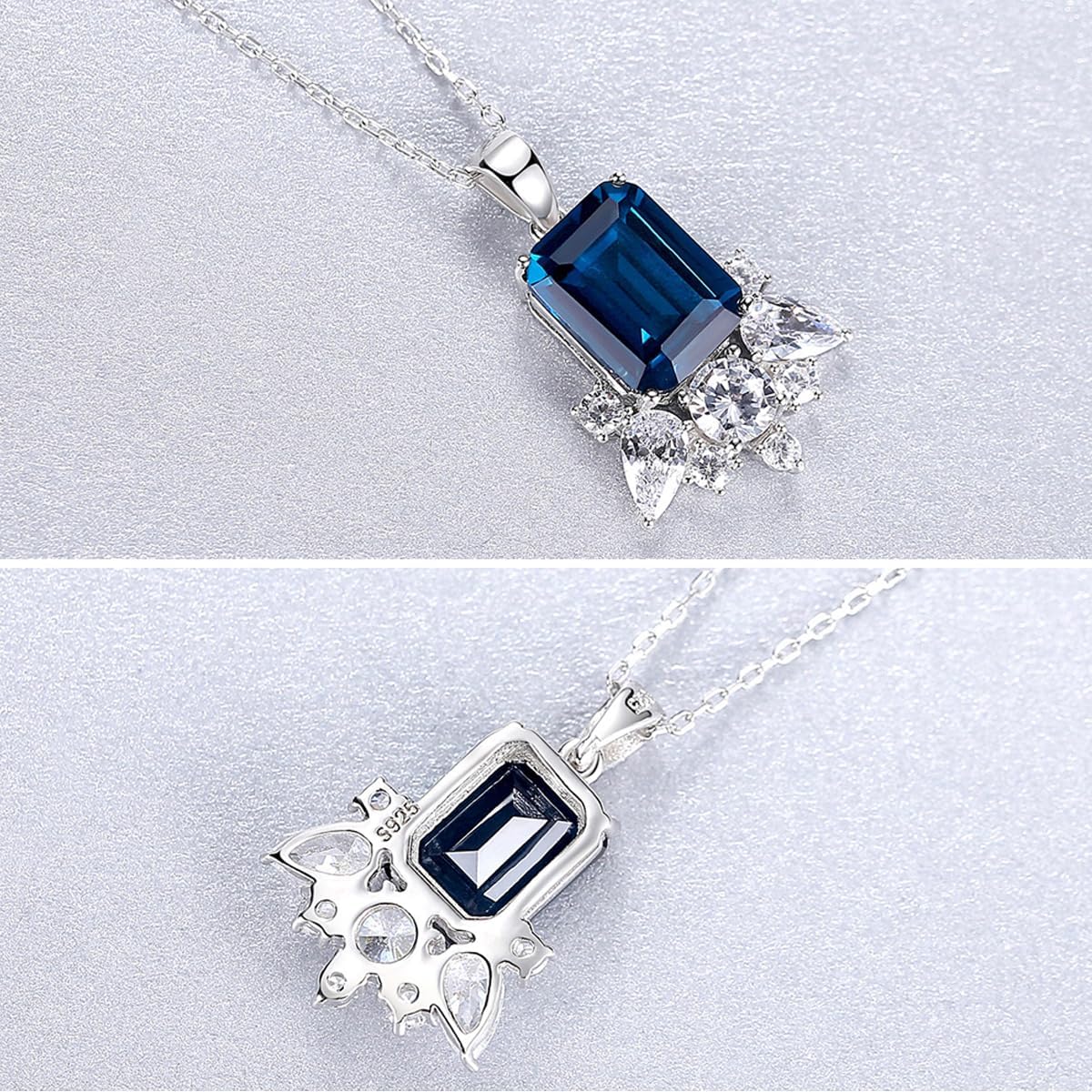 925 Sterling Silver CZ Simulated London Blue Topaz Pendant Necklace for Women, Emerald Cut Nano Dark Gemstone Solitaire Costume Jewelry with Gift Box - Image 3