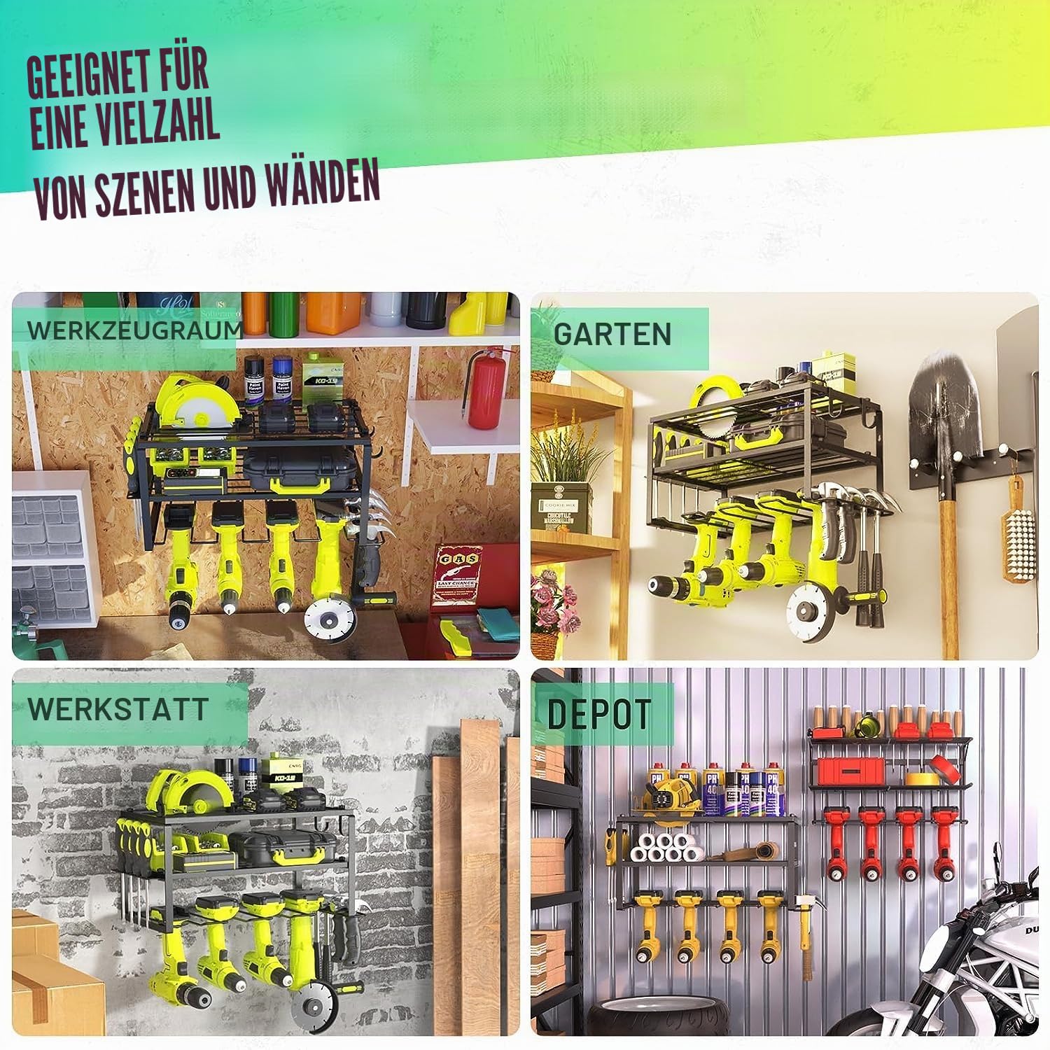 Weldun Wand-Organizer für Elektrowerkzeuge, Werkzeughalter für 4 Bohrmaschinen, 3 Steckplätze, mit seitlichem Schraubendreherhalter für Garage, Werkstatt, 2 Stück