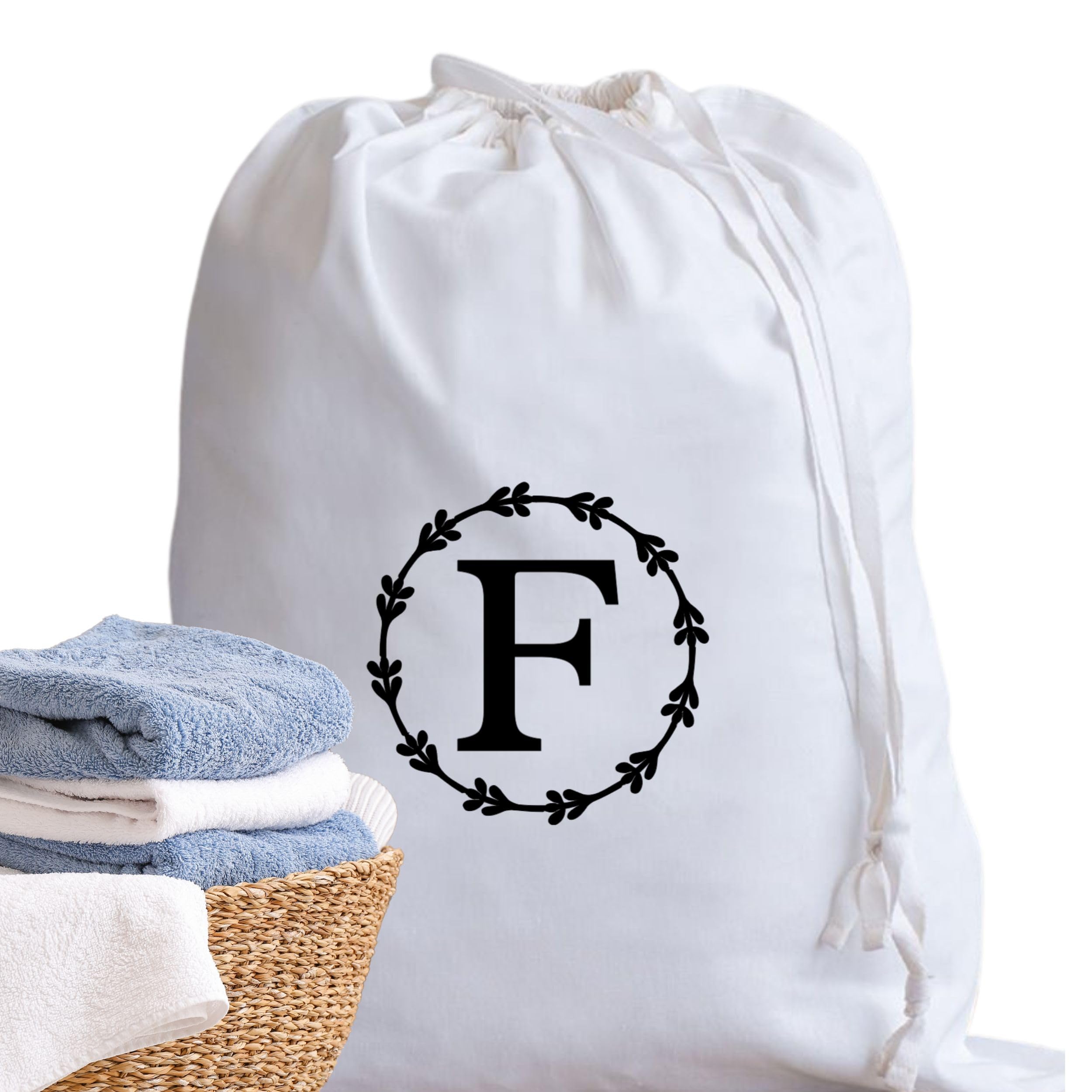 Cotton Laundry Bag Personalised Initial Gifts - Holiday Essentials Bathroom Accessory Dry Bag Drawstring Bags for Travel Camping University Essentials Personalised Gift (Framed monogram F)