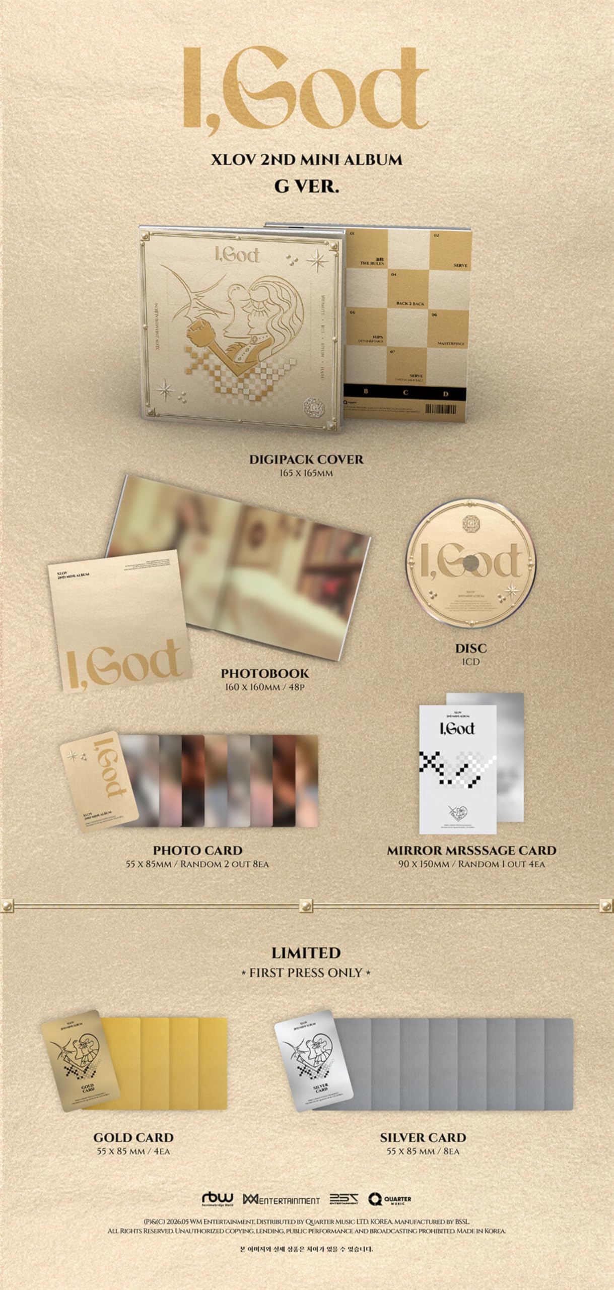 (Juego de 2 versiones: 1 estándar + 1 paquete especial) XLOV I, God 2nd Mini álbum con seguimiento