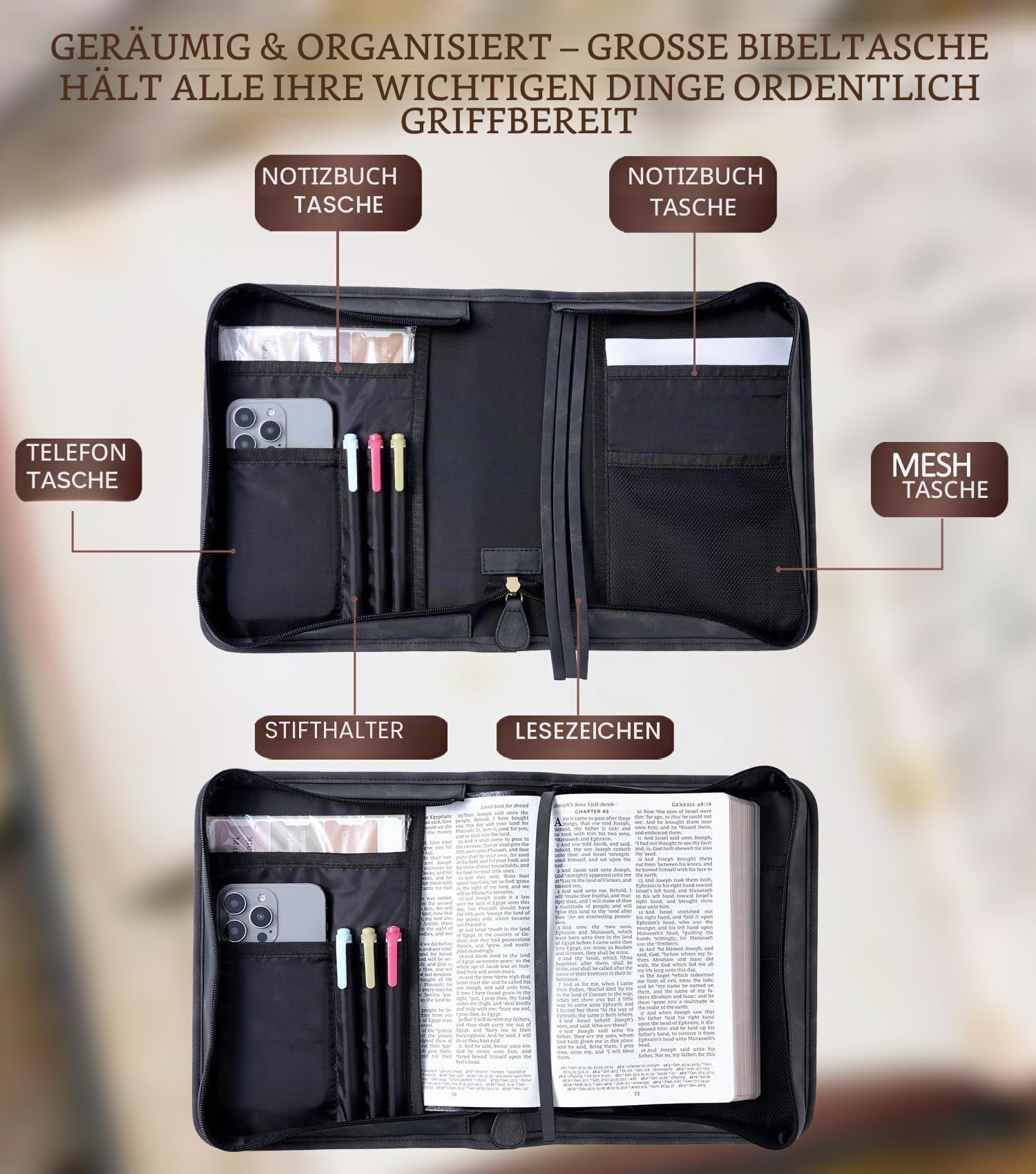 Veganes Leder Bibel Cover Case Bibeltasche mit Handytasche Bibelhülle für Männer Frauen Christliche Geschenkbox Verpackung (Schwarz)