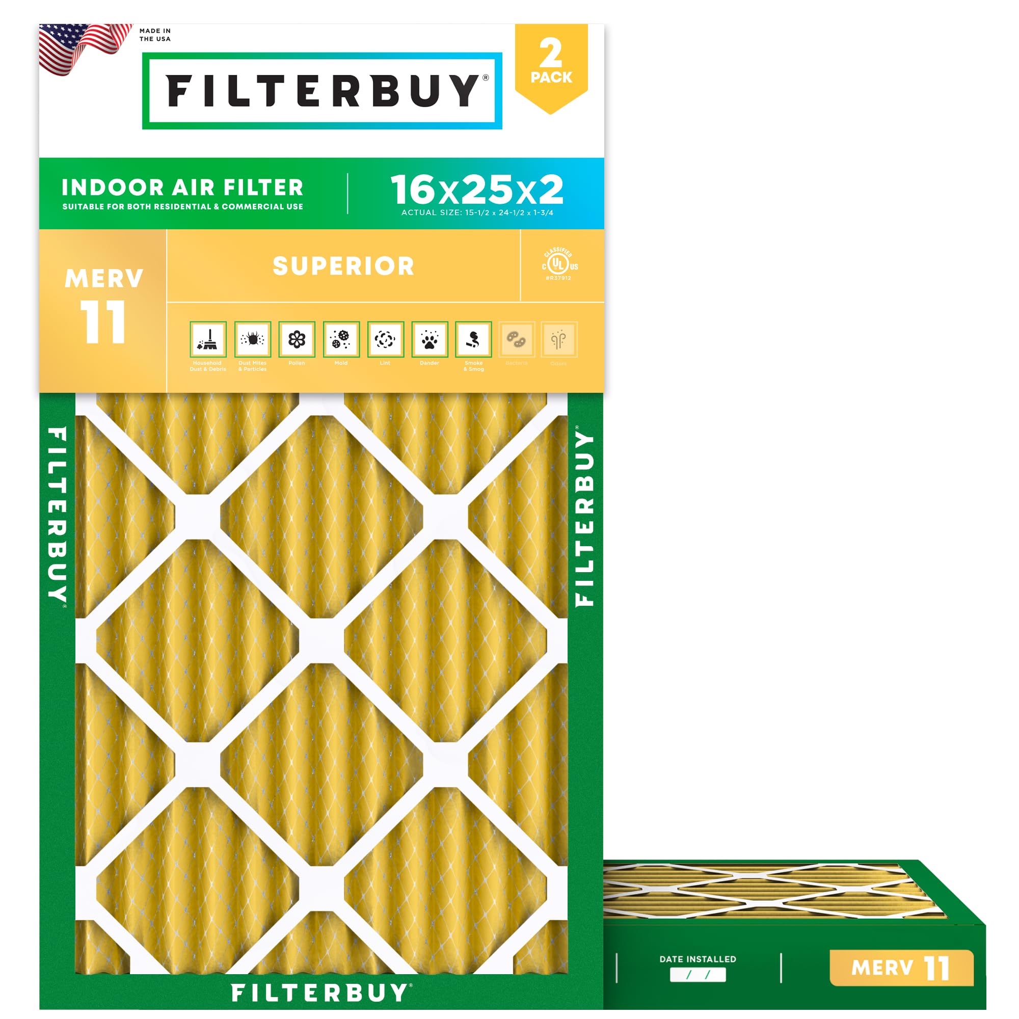 Filterbuy 16x25x2 Air Filter MERV 11 Pet & Allergy Defense (2-Pack)