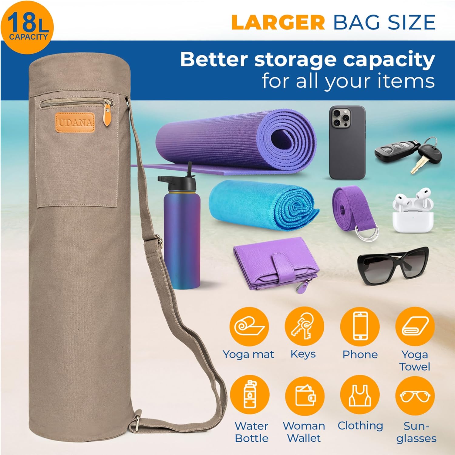 UDANA Yoga Mat Bag – Heavy Duty Canvas Carrier with 3 Pockets & Full Zip – Available in 3 Sizes (16L, 18L, 34L) - Multiple Colors