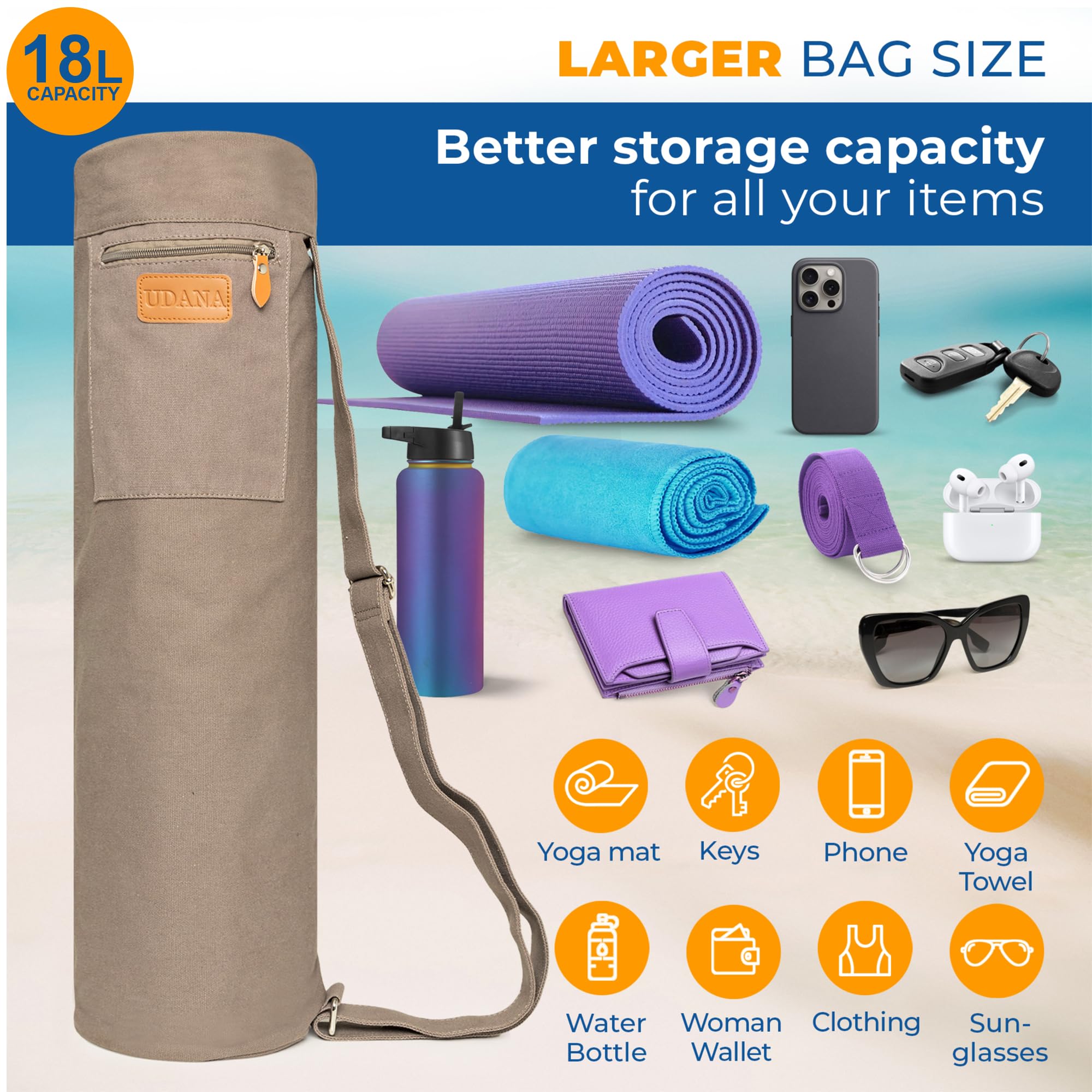 UDANA Yogamatten-Tasche – alle passen – Yogamatten-Tragetasche mit 3 Taschen – passend für alle Mattengrößen – Reisen, Studio, Fitnessstudio