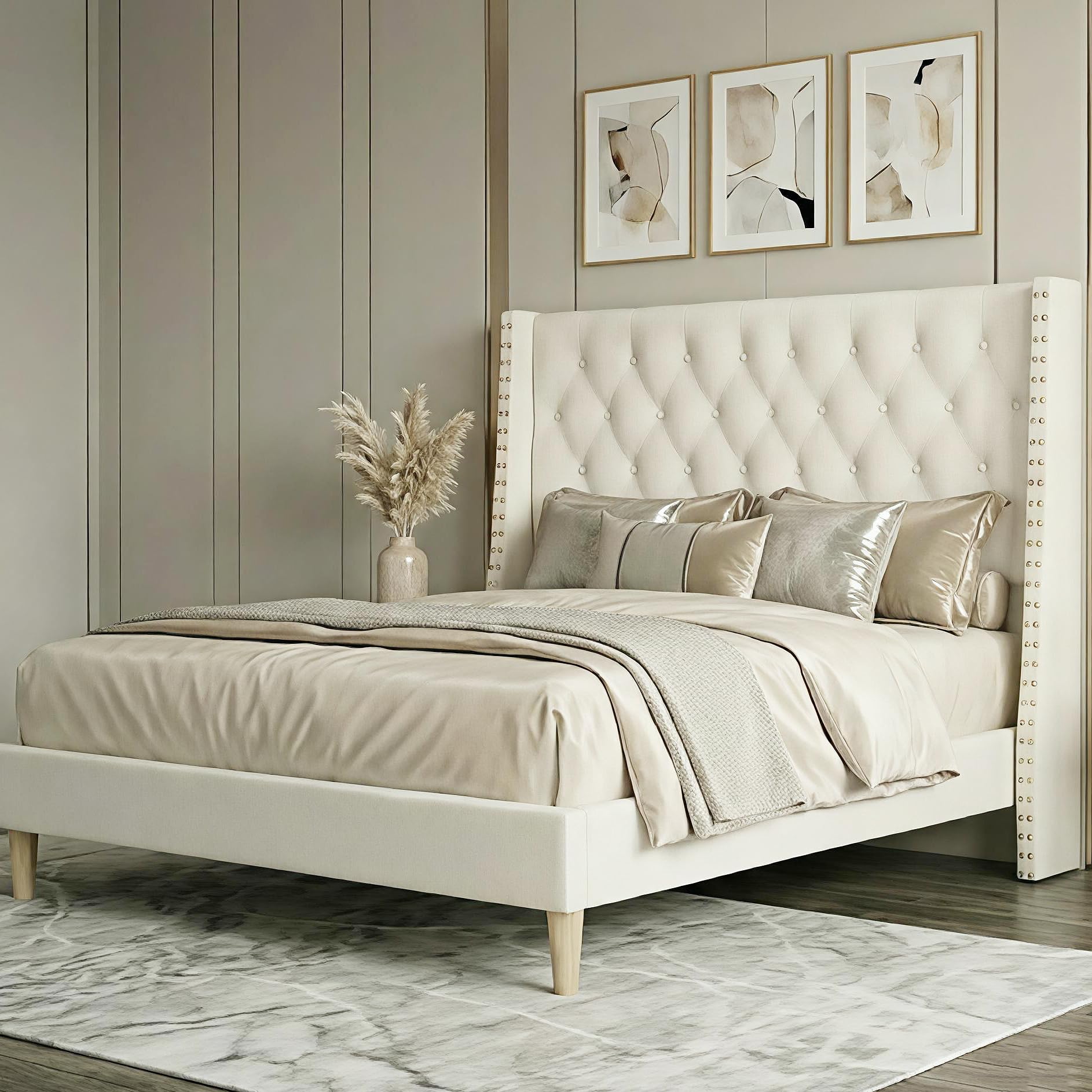 RIHHA Queen Bed Frame White Velvet, 47.6" Tall Wingback Headboard with Gold Nailhead Trim, Upholstered Platform Bed with Diamond Tufting, 1000lbs