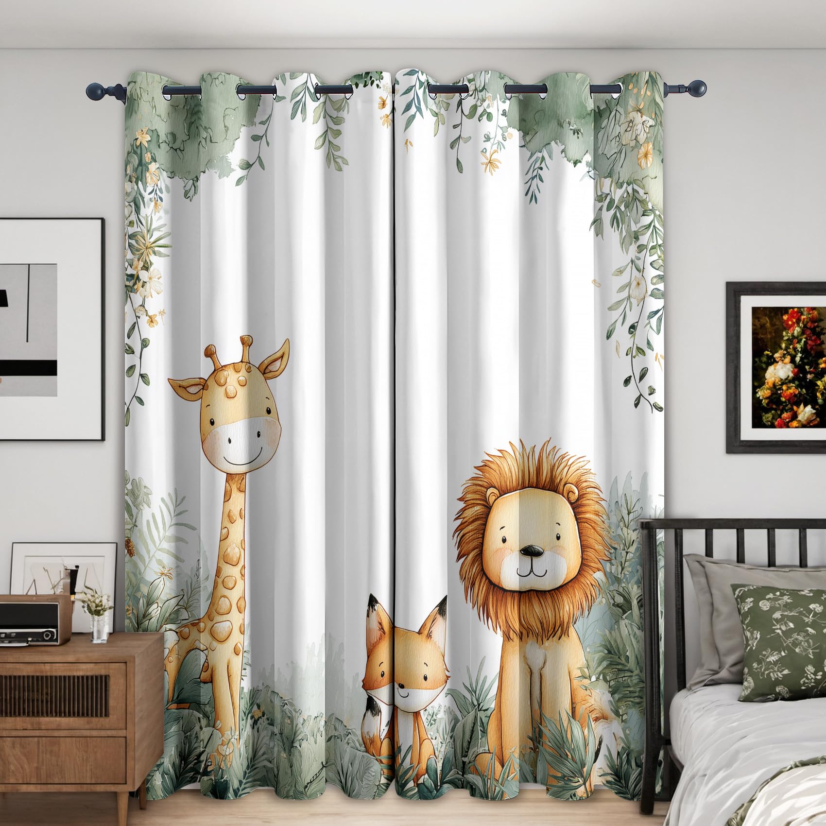 Kids Jungle Animal Blackout Curtains, 54 Drop, Cute Lion Giraffe Fox Printed Curtains for Living Room, Bedroom, Eyelet Drapes for Window Home Decor, 46x54 Inch 2 Panels (N-378)