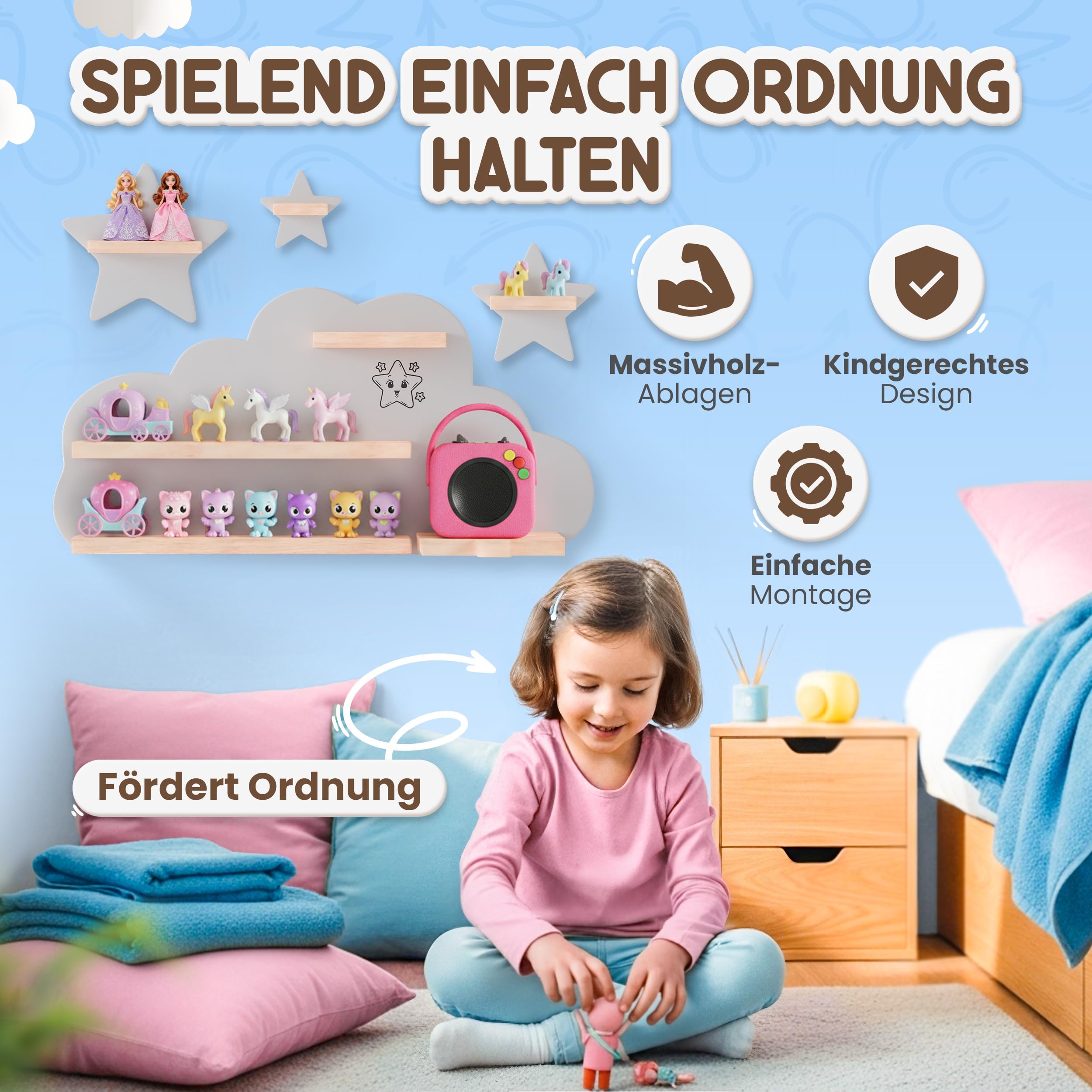 Twinklertoy’s Hörbox Wandregal aus Holz – mit magnetischer Halterung & zusätzlichen Sternen – für 30–37 Hörfiguren – Regal in Wolkenform fürs Kinderzimmer – kompatibel für Toniebox & Figuren