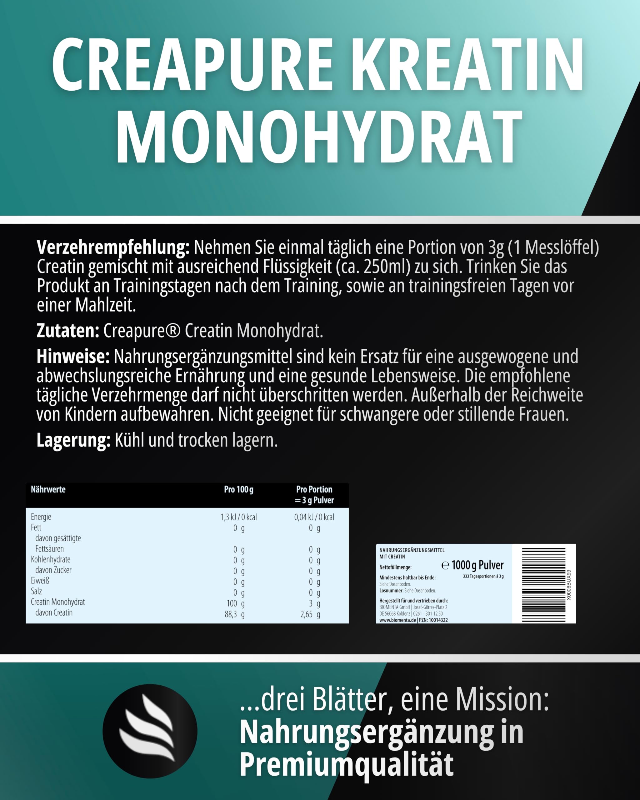 BIOMENTA Creapure Creatin Monohydrat I 1.000 g Pulver
