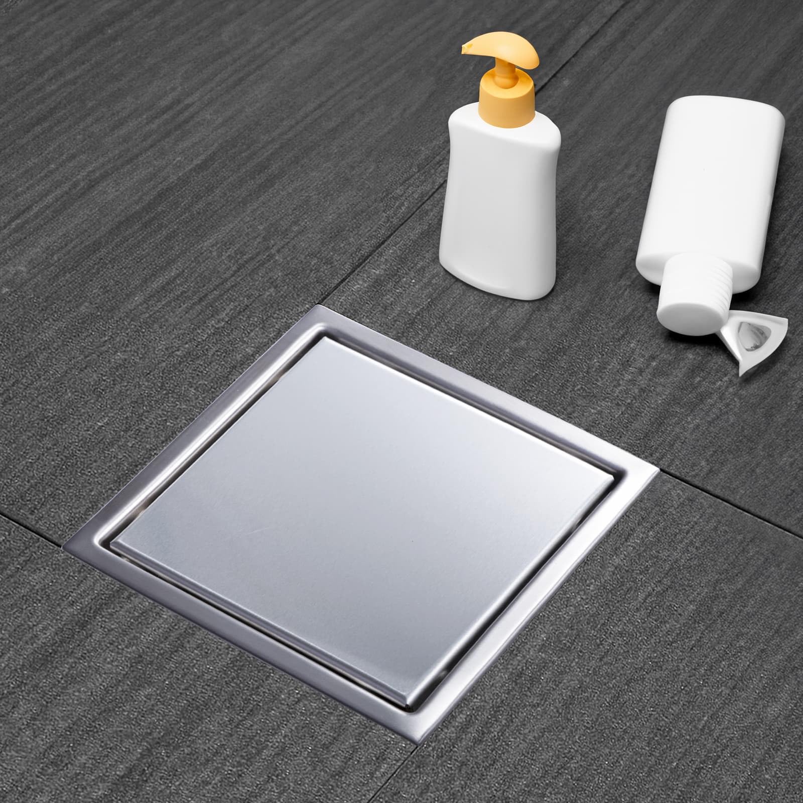 Elefloom Square Shower Drain, Silver Shower Drain 6 inch with Flange and 2 in 1 Tile-Insert Cover, AISI 304 Stainless Steel Shower Floor Drain with Hair Catcher and Flange