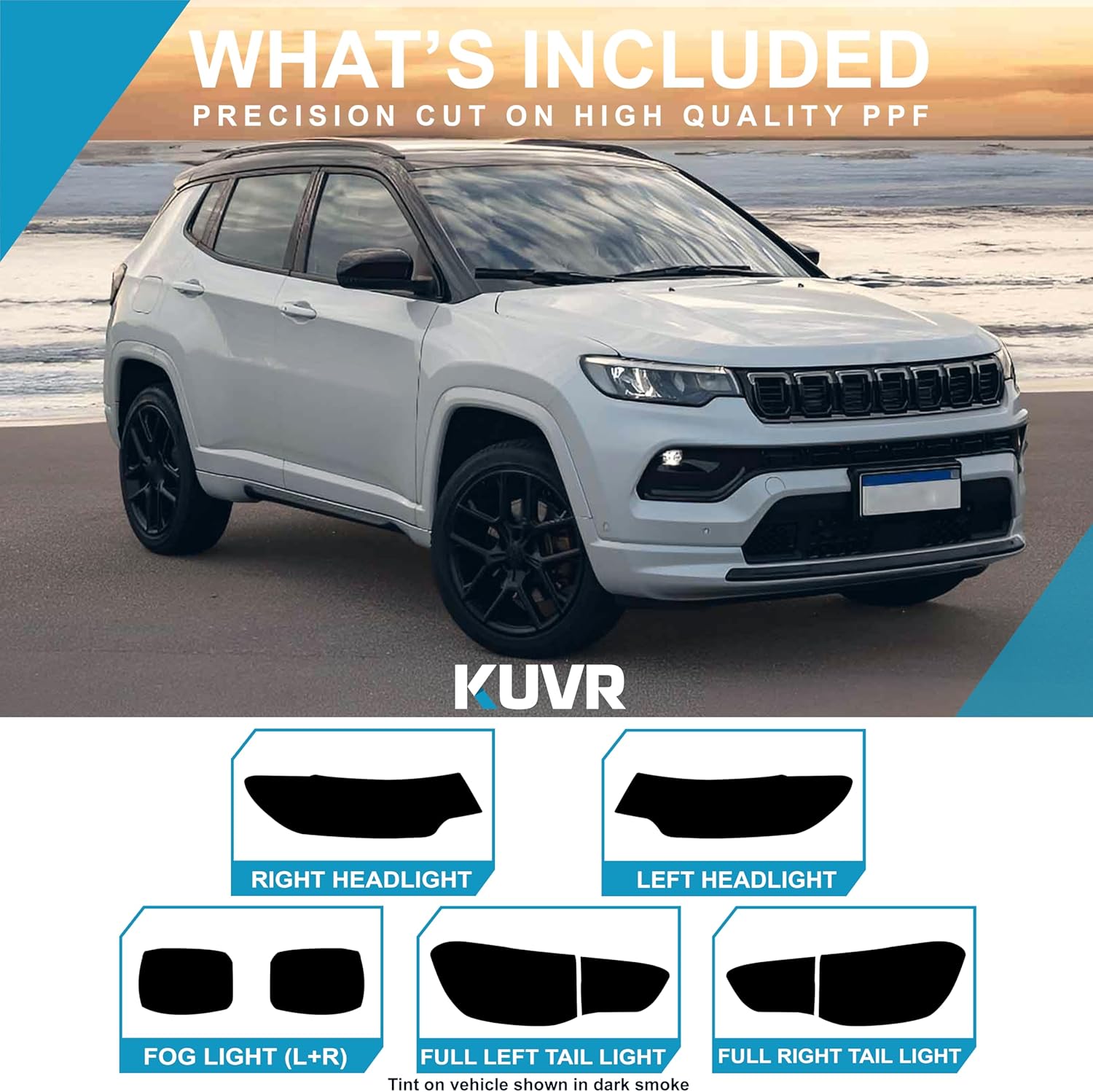 Pre-Cut Headlight Fog Light & Taillight Tint Kit Compatible with Jeep Compass 2024-2025 | Precision Cut Stretchable PPF Vinyl Overlay Cover Wrap (Dark Smoke)