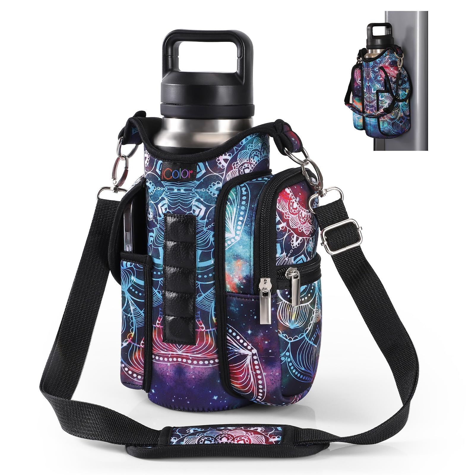 icolor Magnetic Bag Water Bottle Holder Gym Bottle Carrier Bag with Phone Pockets & Gym Accessories Organizer for Men Women,5 Built-in Magnets Gym Phone Bag Pouch Sleeve with Handle Shoulder Strap