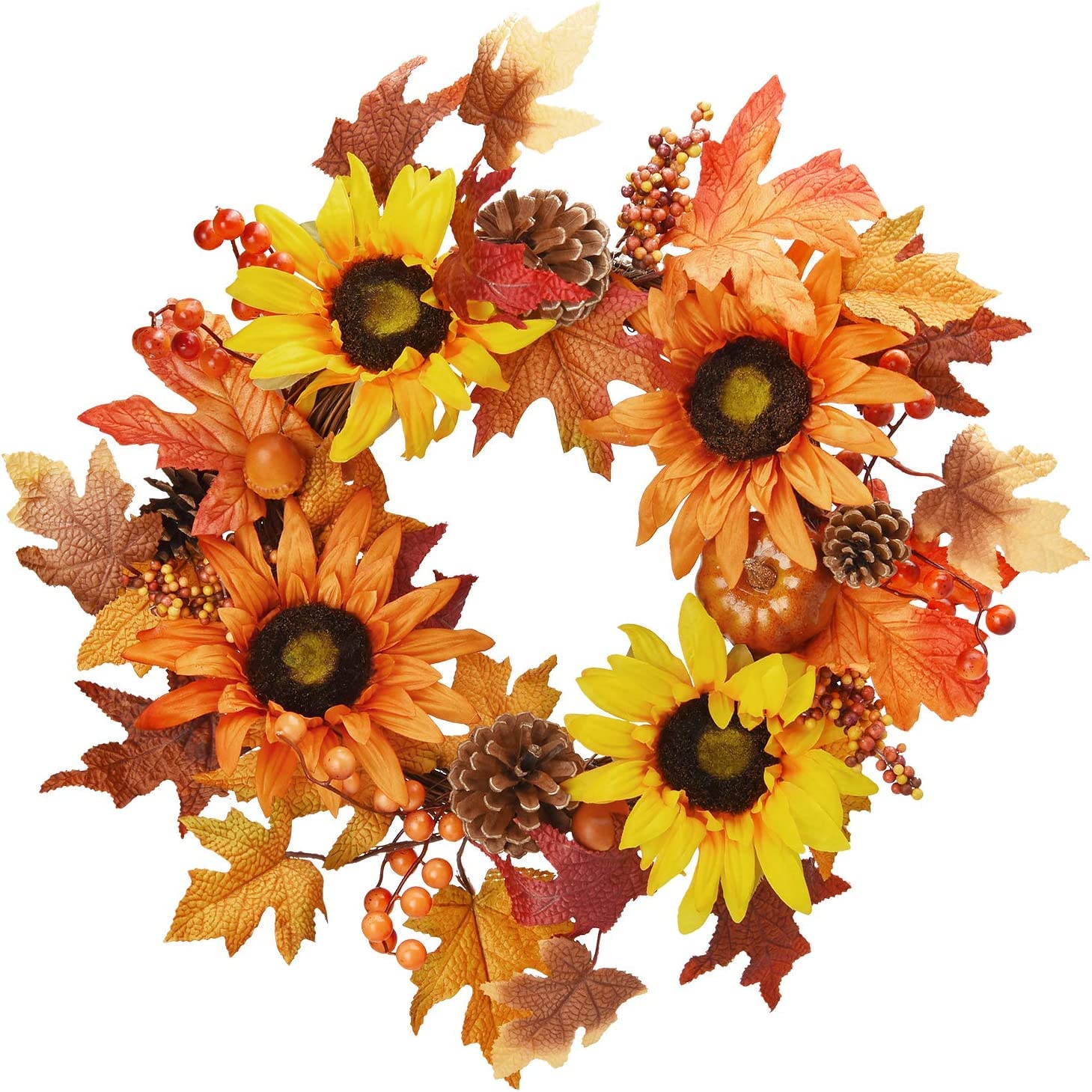 Dolicer 20 Inch Artificial Maple Leaf Wreath Thanksgiving Fall Wreath Fall Door Wreath with Sunflowers Pumpkins Pine Cone Fall Mum Wreath for Thanksgiving Indoor or Outdoor Halloween Easter Decoration