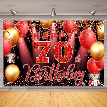 Talorine 70th Birthday Decorations Backdrop Banner for Women 6x4ft Red Happy 70th Birthday Party Supplies Photography Background Cheers to 70 Years Old Birthday Party Decorations