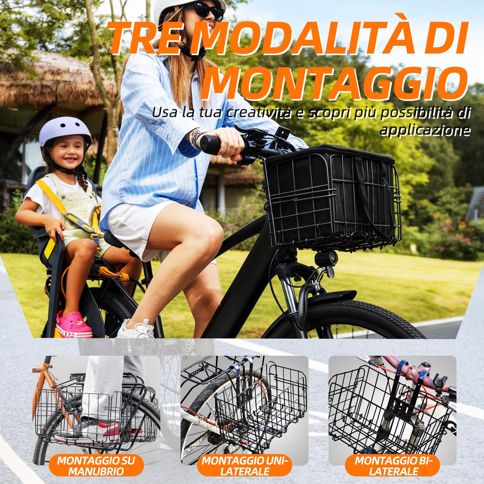 Cestino da bicicletta unisex per bicicletta, rimovibile, grande capacità, adatto per e-bike, mountain bike, city bike e biciclette per il tempo libero. (cestino pieghevole anteriore)