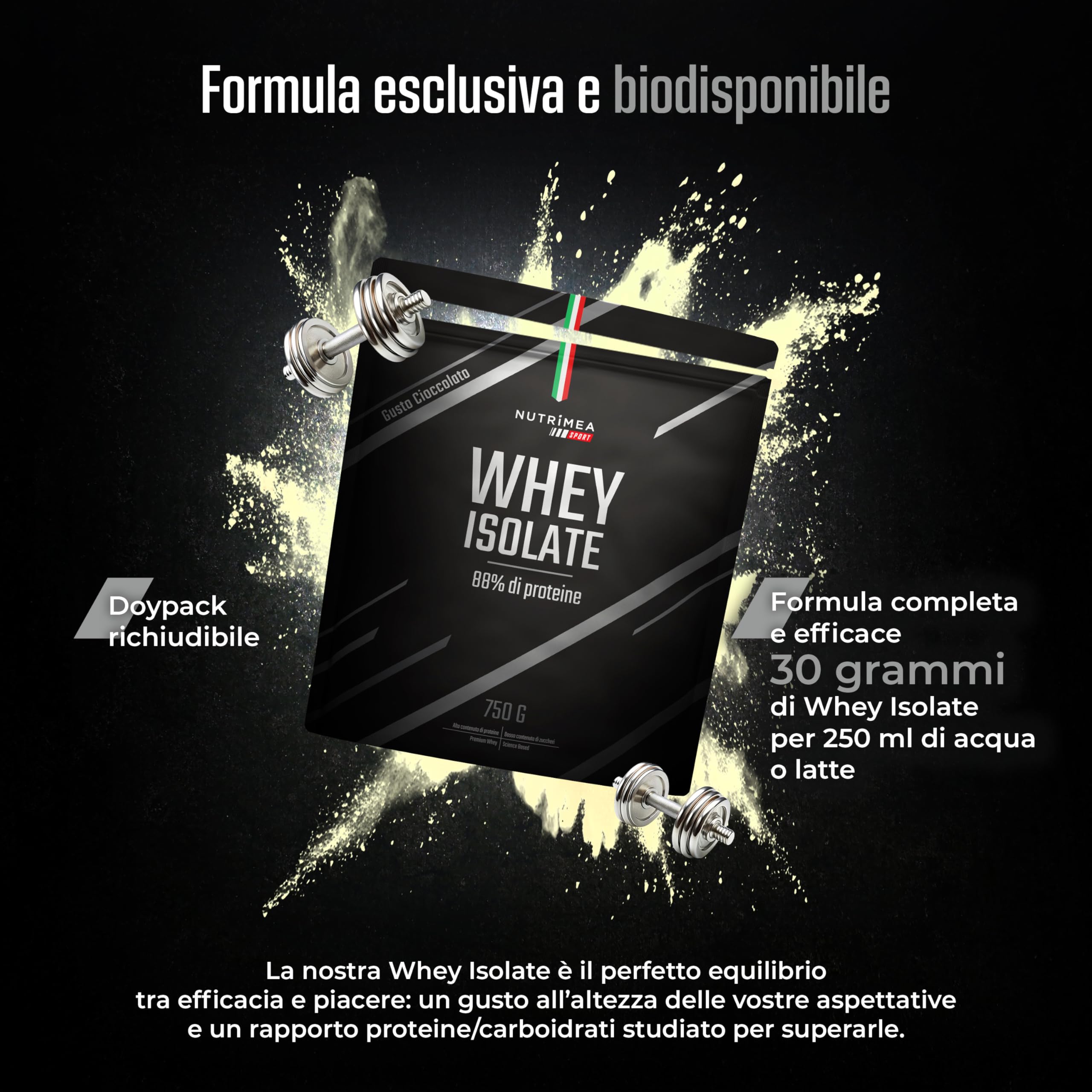 Proteine Whey in Polvere | Gusto Cioccolato | Crescita e Recupero Muscolare | BCAA e EAA | 750 g | 30 Dosi | Nutrimea